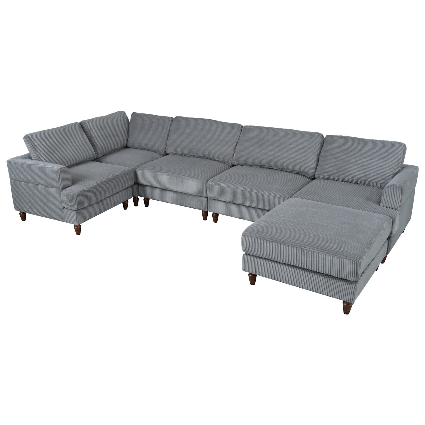 Grey corduroy sectional sofa with chaise and ottoman perfect for family rooms