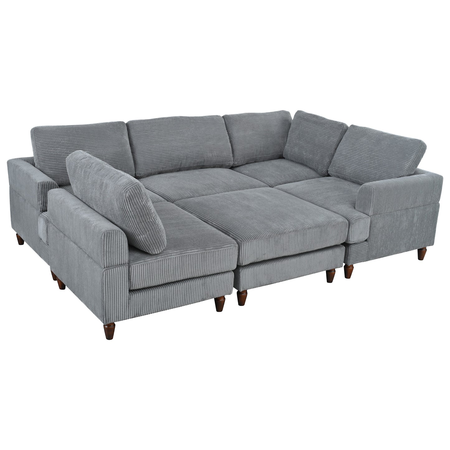 Grey corduroy sectional sofa with plush cushions and wooden legs