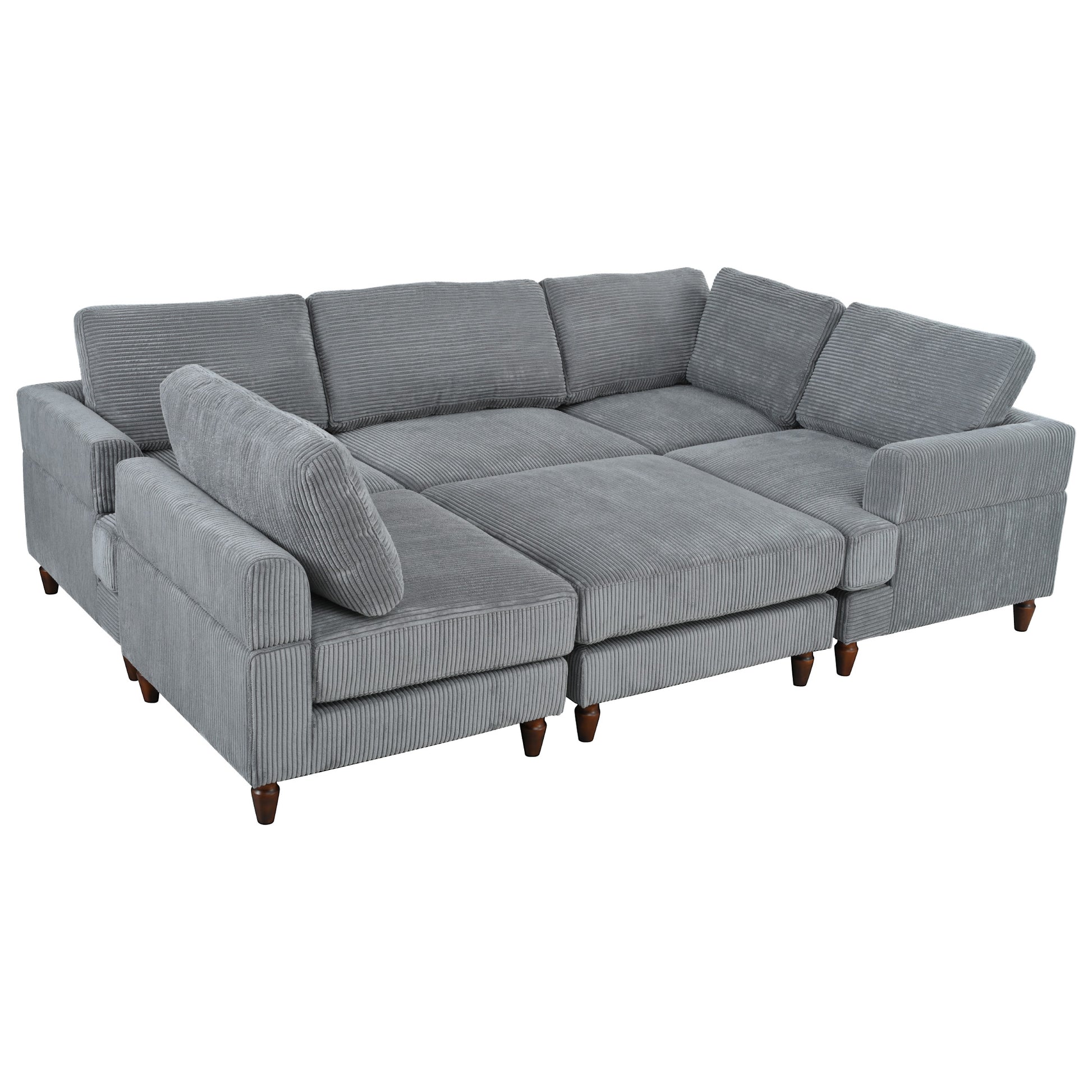 Grey corduroy sectional sofa with plush cushions and wooden legs