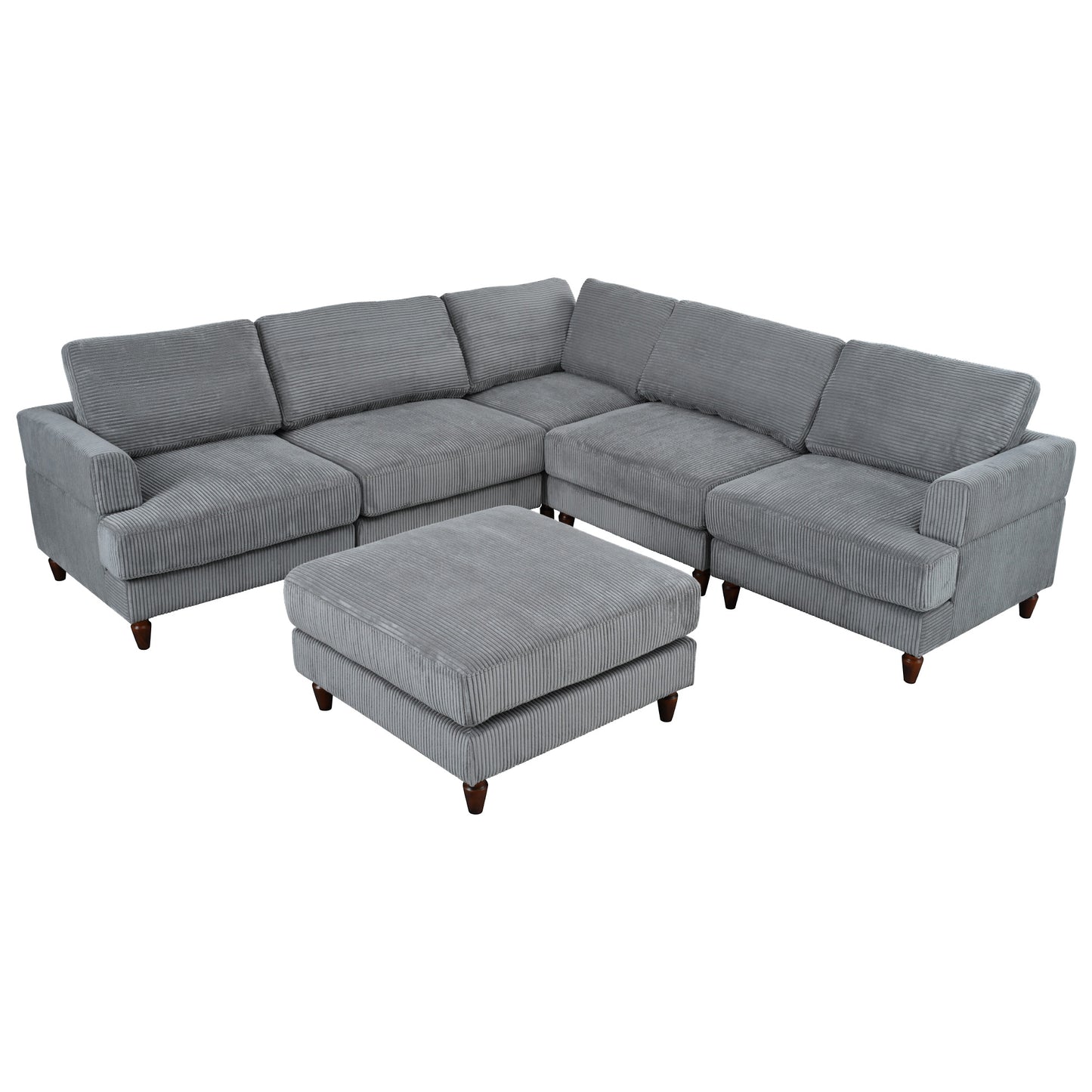 Grey corduroy sectional sofa with a matching ottoman for versatile living room seating