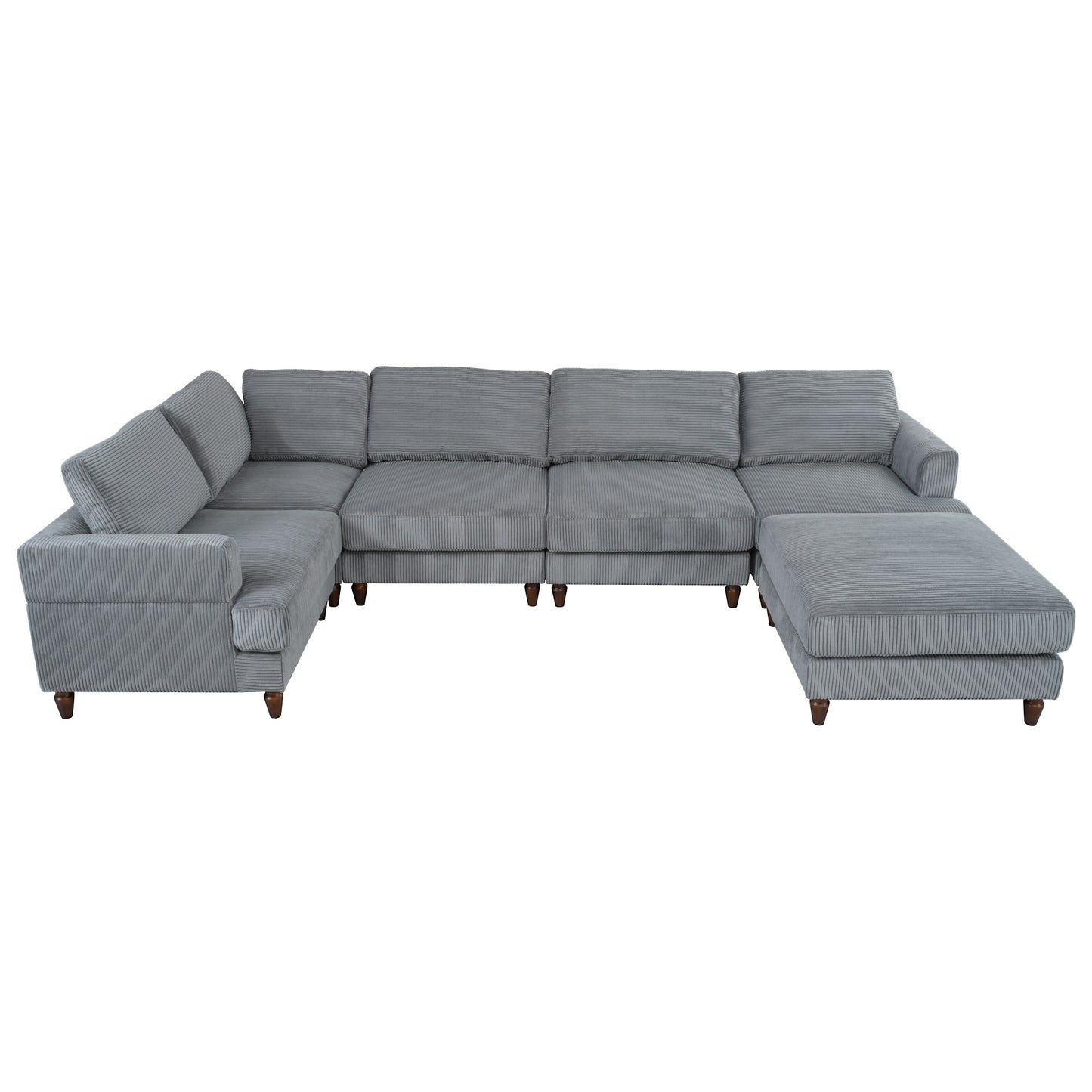 Gray corduroy sectional sofa with plush cushions and dark wood legs offering ample seating