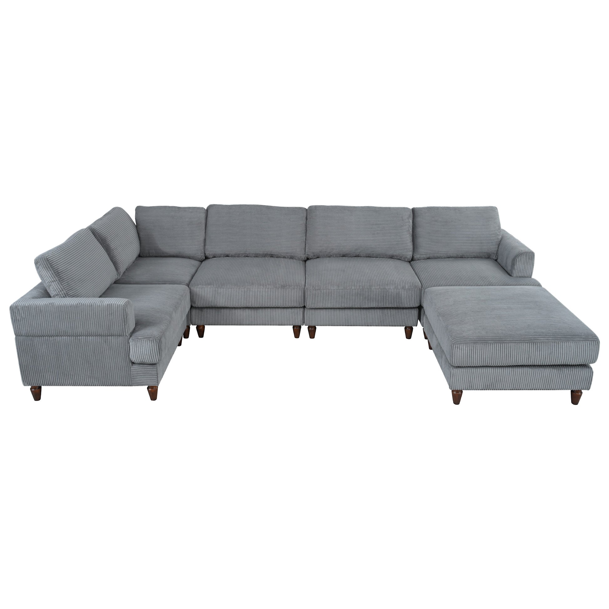 Gray corduroy sectional sofa with plush cushions and dark wood legs offering ample seating