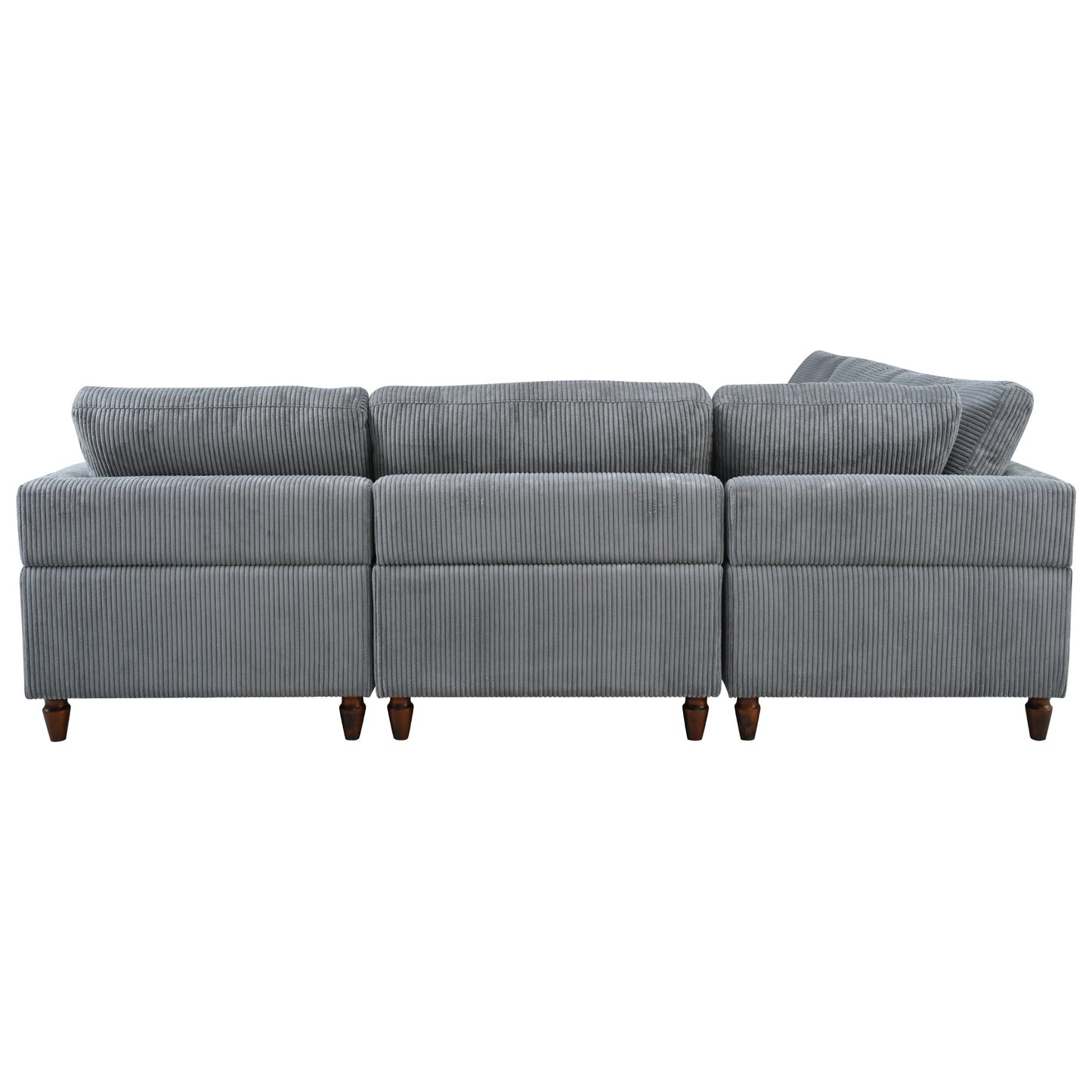 Grey corduroy sectional sofa with plush back cushions and wooden legs for modern living rooms