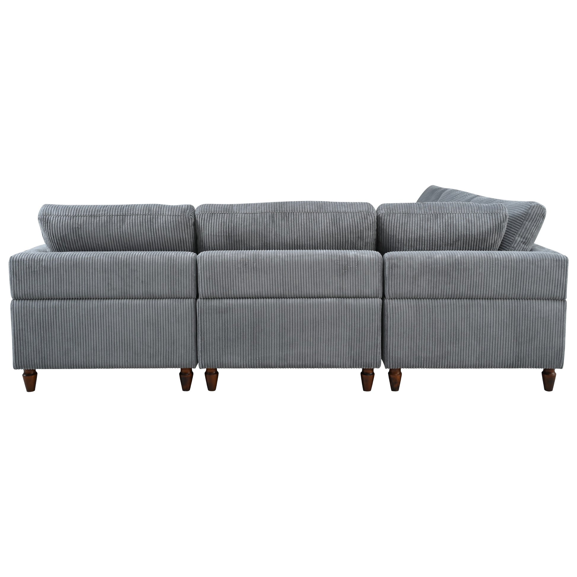 Grey corduroy sectional sofa with plush back cushions and wooden legs for modern living rooms