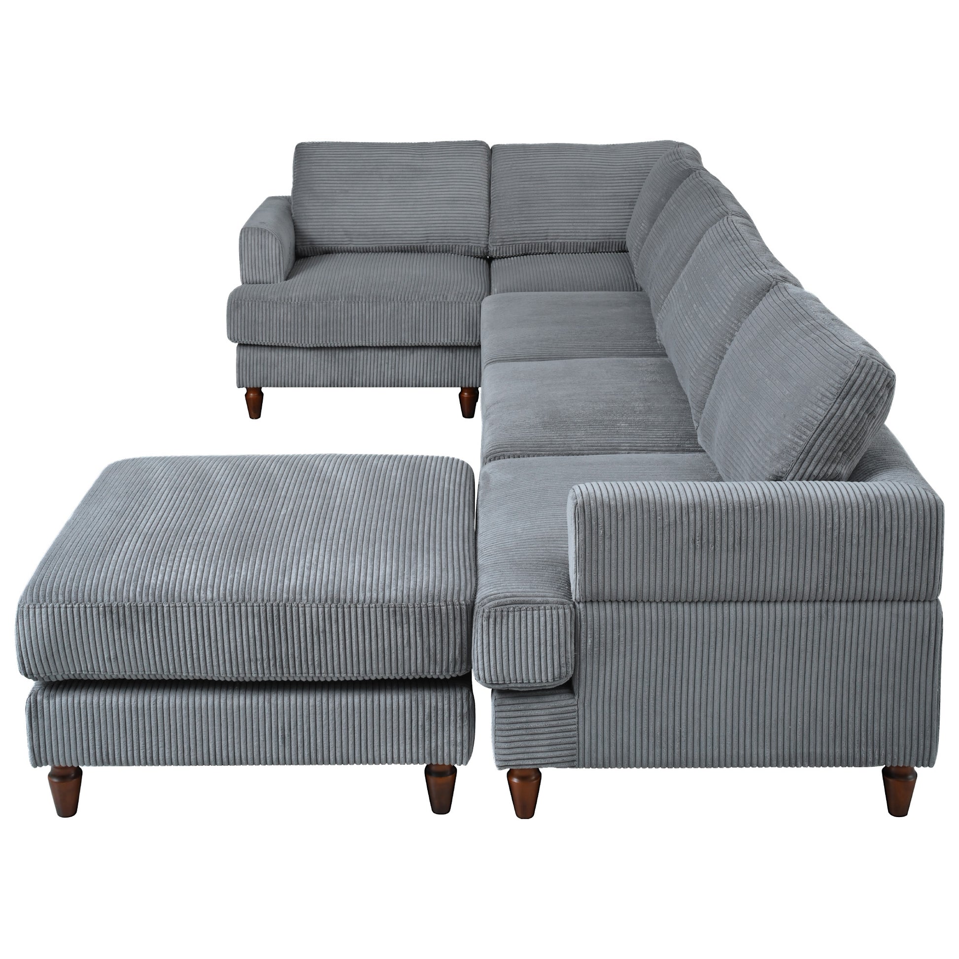 Gray corduroy sectional sofa with ottoman and wooden legs perfect for living rooms