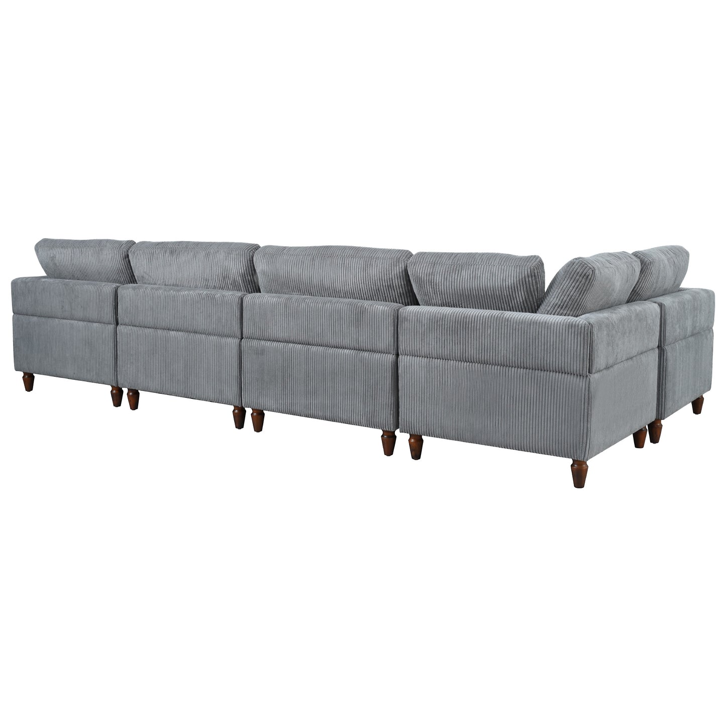 Gray corduroy sectional sofa with plush cushions and dark wooden legs