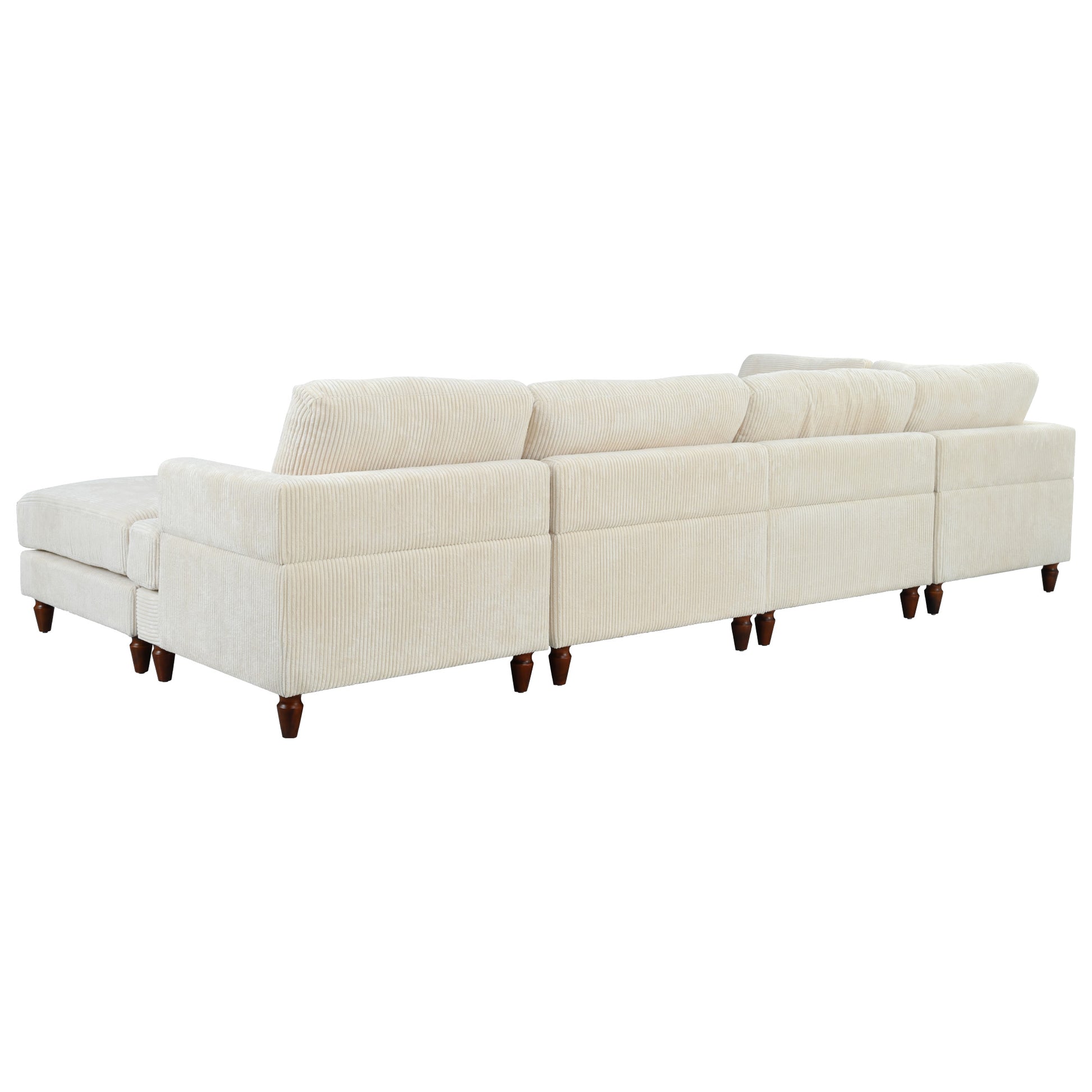 Cream corduroy sectional sofa with chaise lounge and dark wood legs