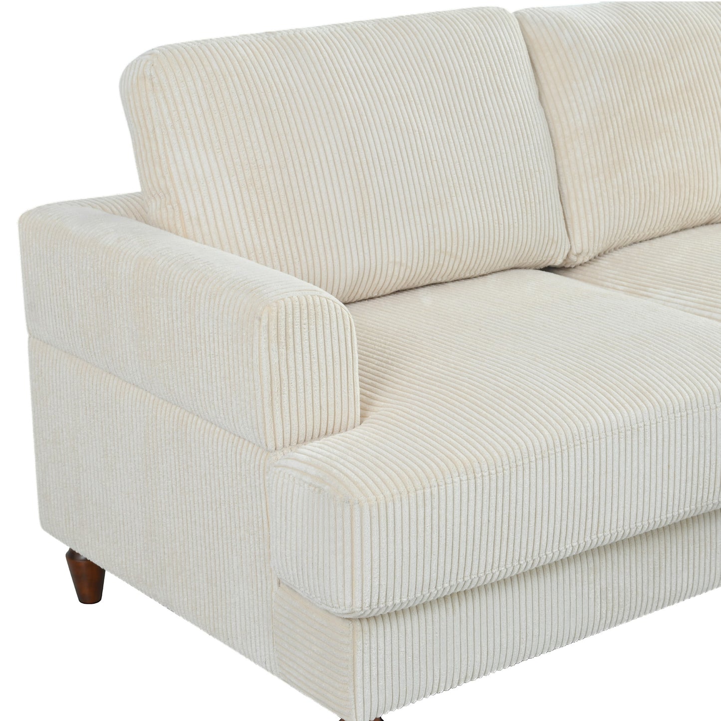 Closeup of a creamcolored corduroy sofa showing plush seat and back cushions