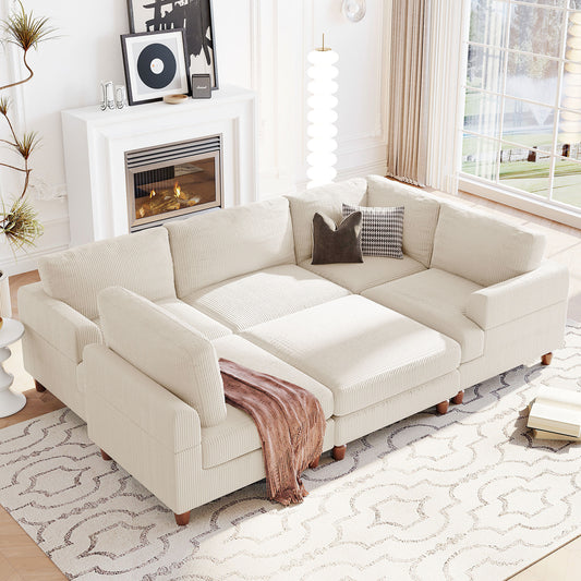 Cream corduroy sectional sofa with modular design and plush cushions for modern living rooms