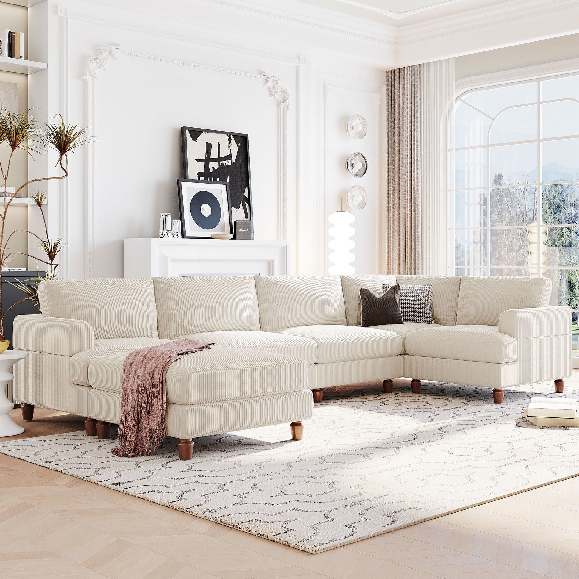 Cream corduroy sectional sofa with chaise and wooden legs