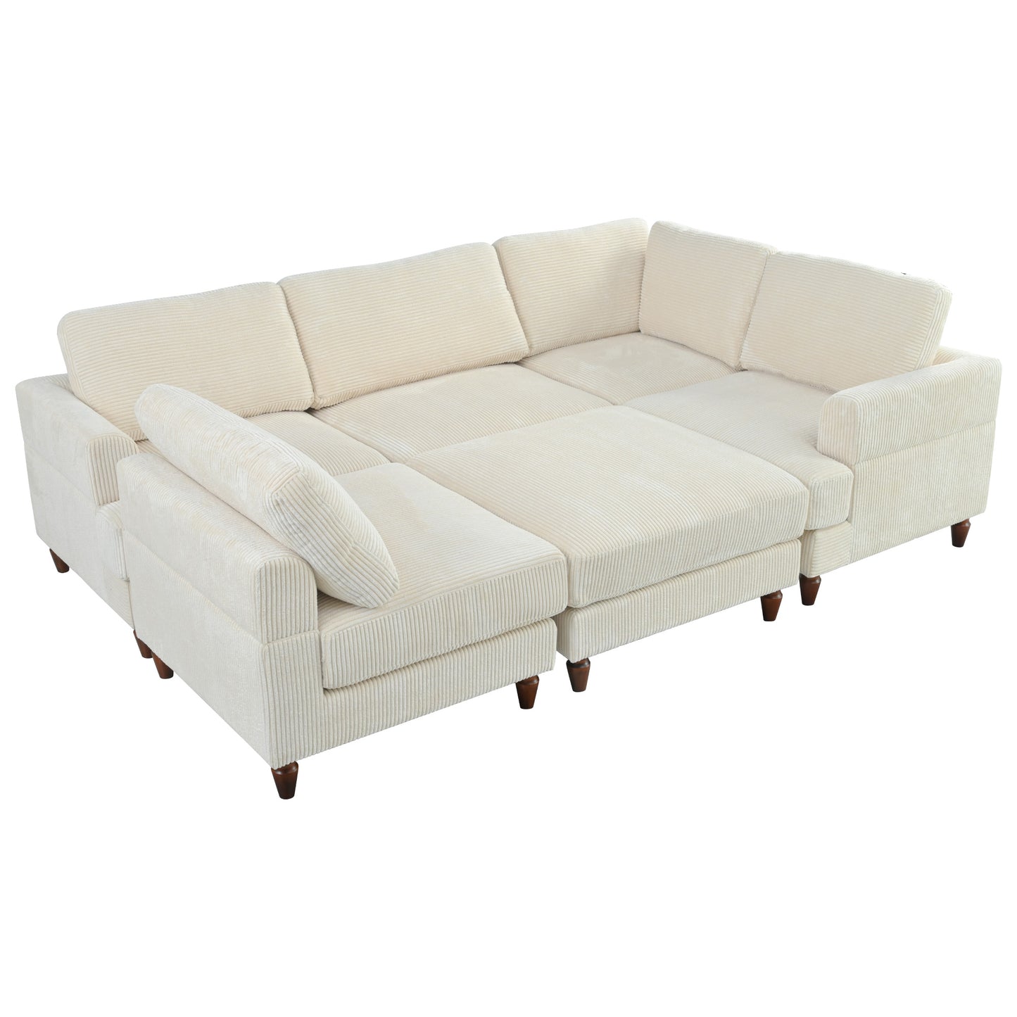Cream corduroy Lshaped sectional sofa with plush cushions and wooden legs for living rooms