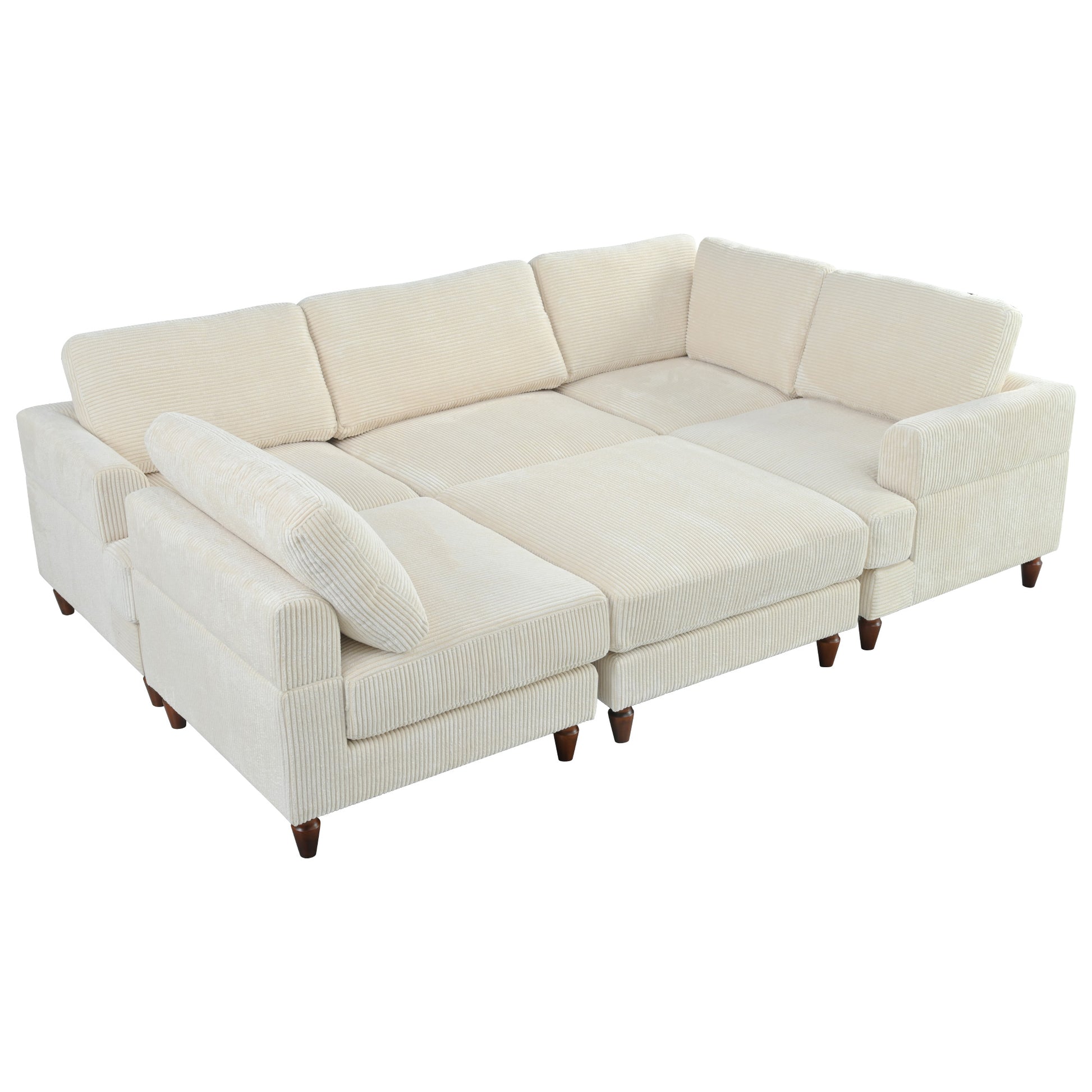 Cream corduroy Lshaped sectional sofa with plush cushions and wooden legs for living rooms