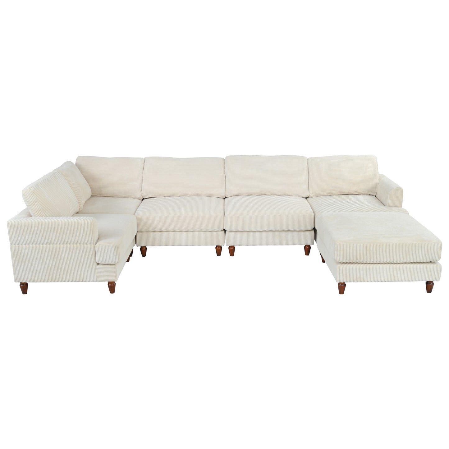 Cream corduroy Ushaped sectional sofa with chaise and wooden legs