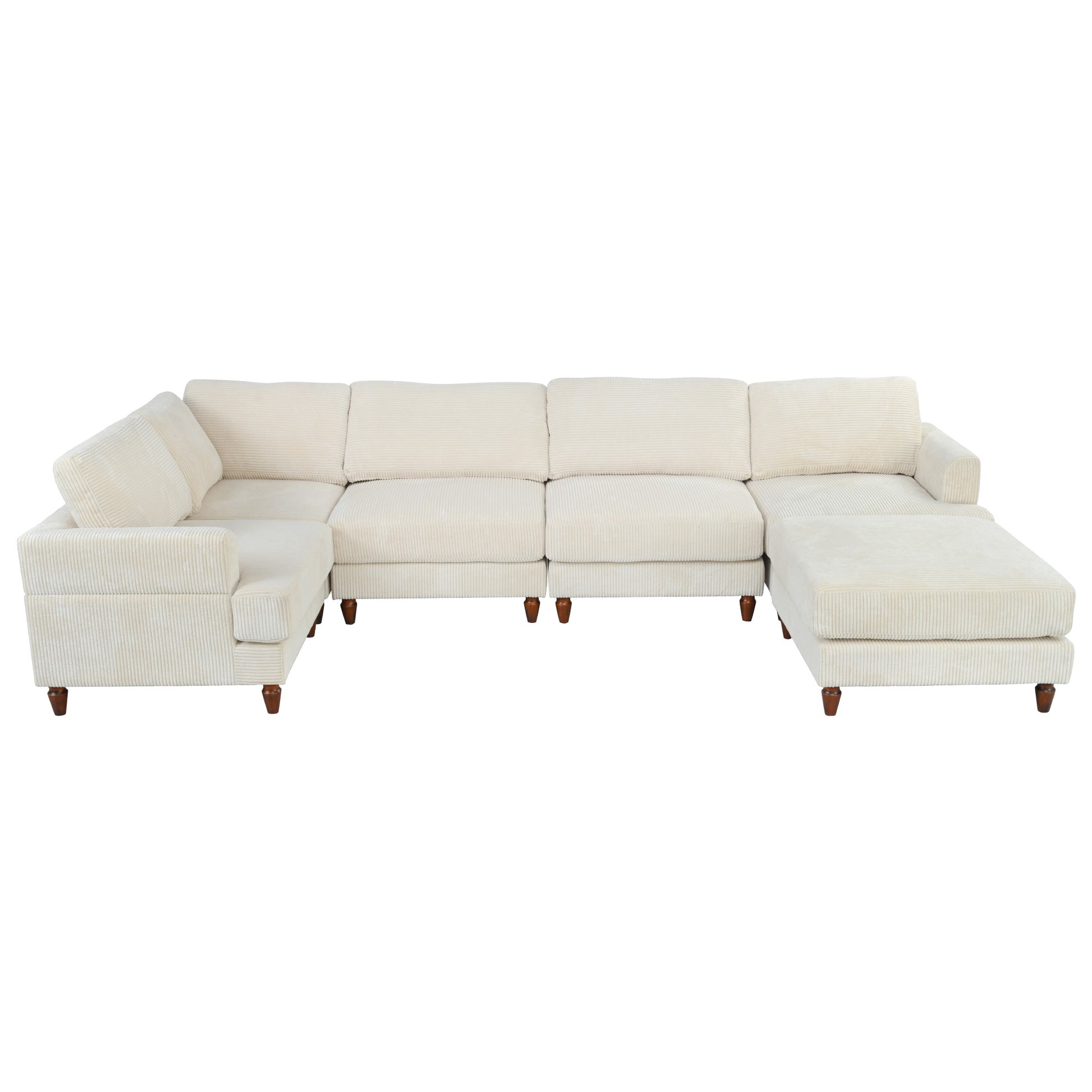 Cream corduroy Ushaped sectional sofa with chaise and wooden legs