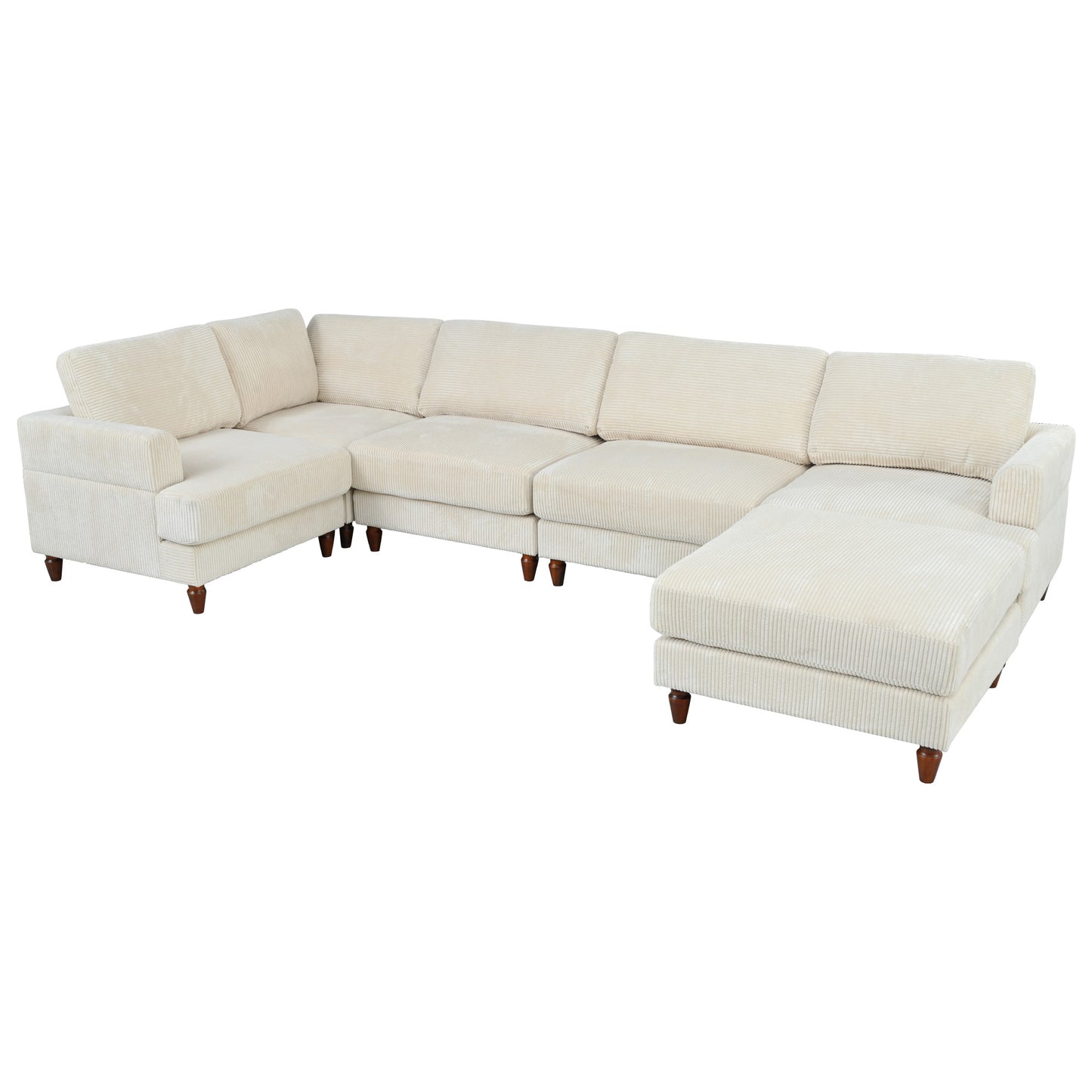 Cream corduroy sectional sofa with chaise and wooden legs