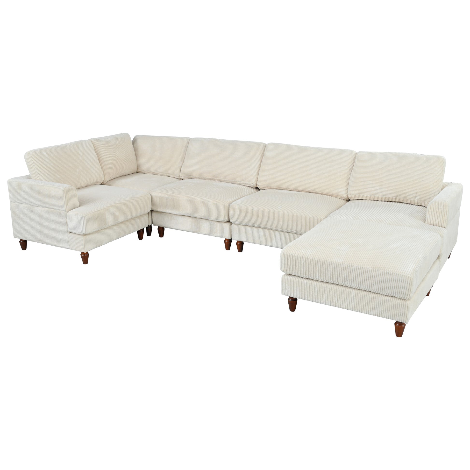 Cream corduroy sectional sofa with chaise and wooden legs