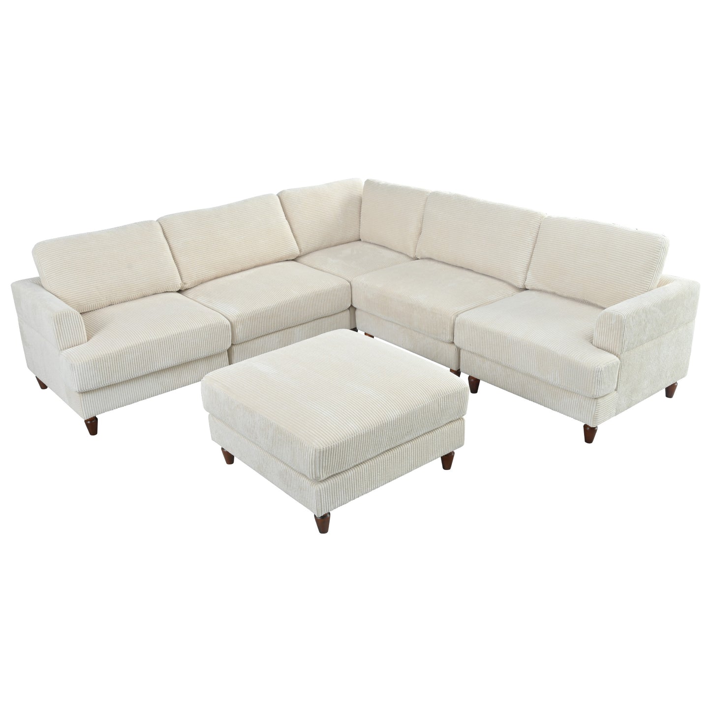Cream corduroy sectional sofa with matching ottoman comfortable modern living room furniture