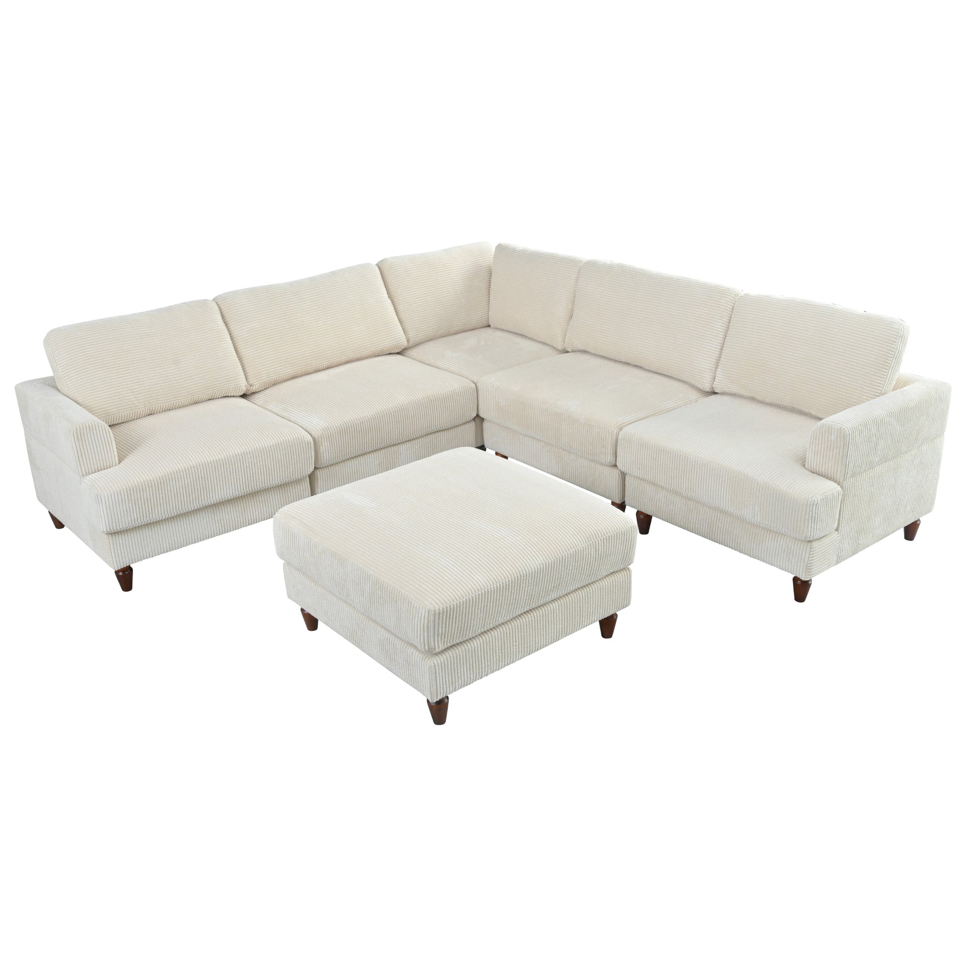 Cream corduroy sectional sofa with matching ottoman comfortable modern living room furniture