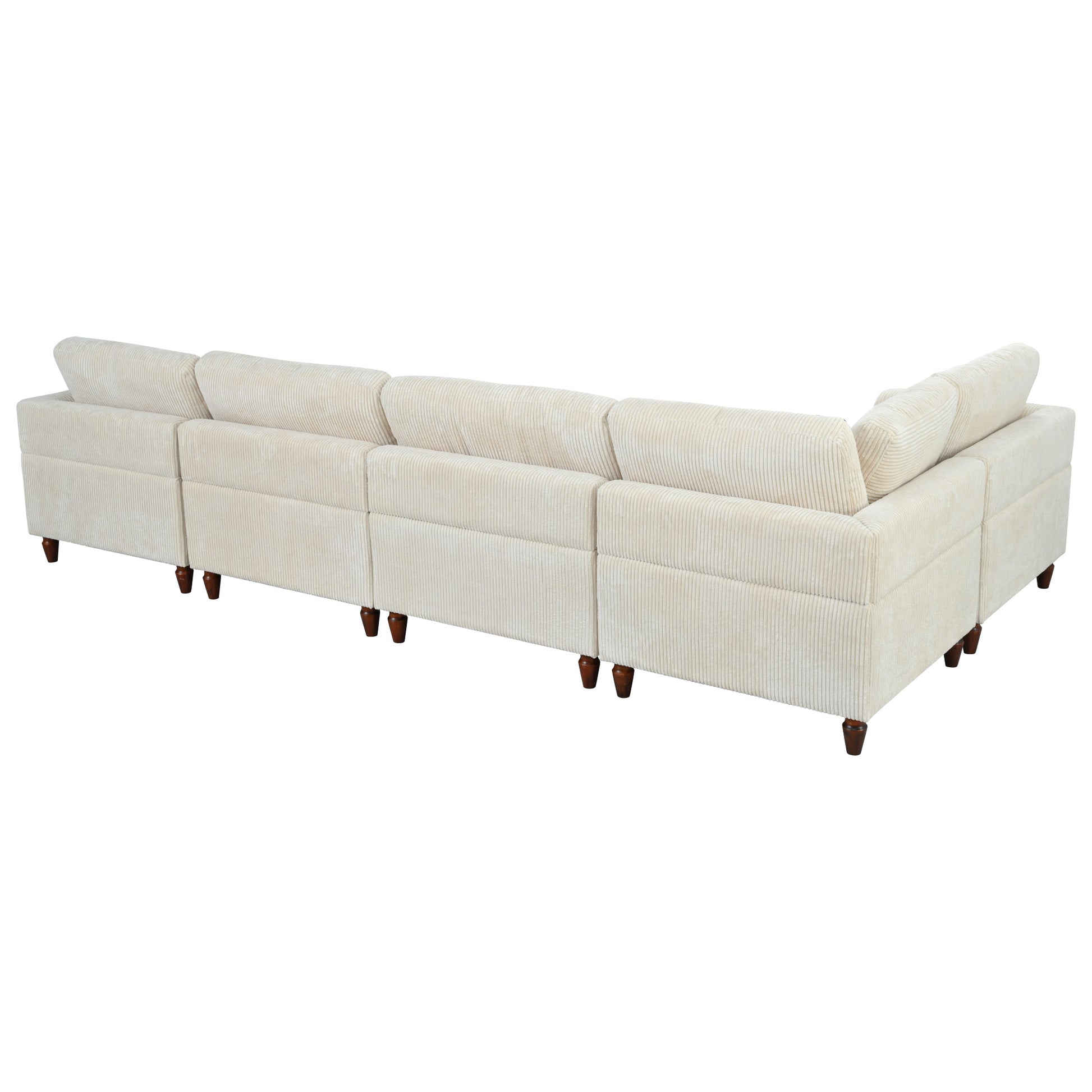 Cream corduroy sectional sofa with plush cushions and dark wood legs
