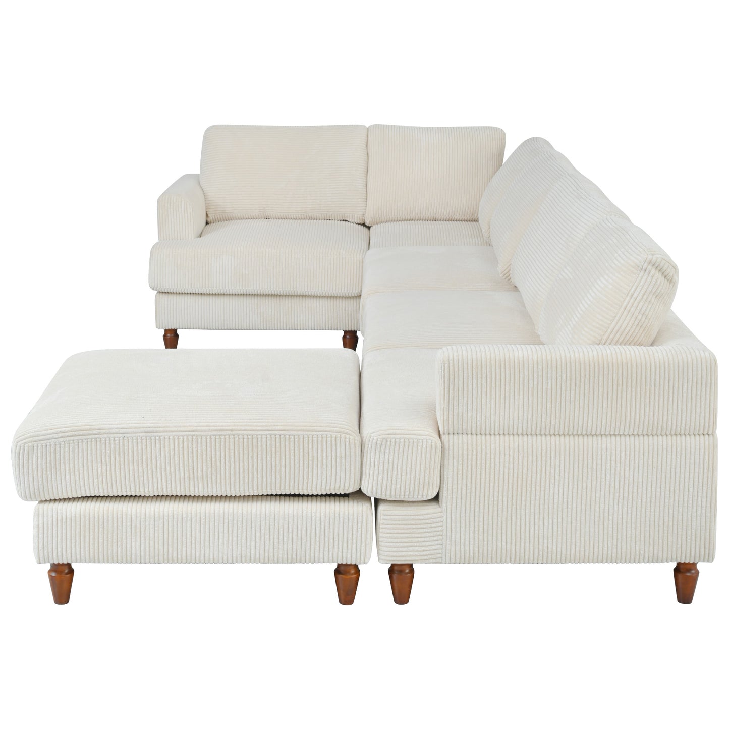 Plush ivory corduroy sectional sofa with ottoman and wooden legs perfect for a cozy living room