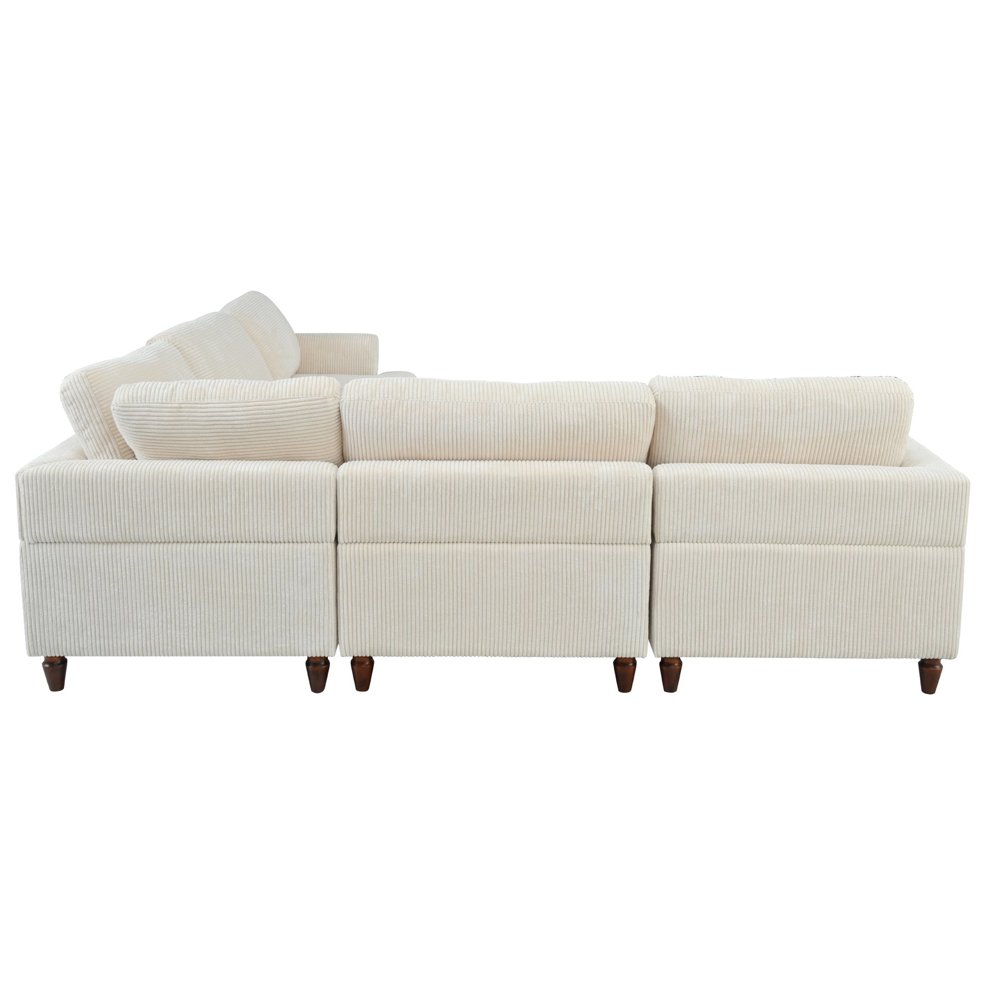 Cream corduroy sectional sofa with plush cushions and dark wood legs