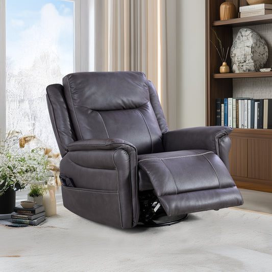 Plush dark grey leather recliner with white stitching and footrest extended