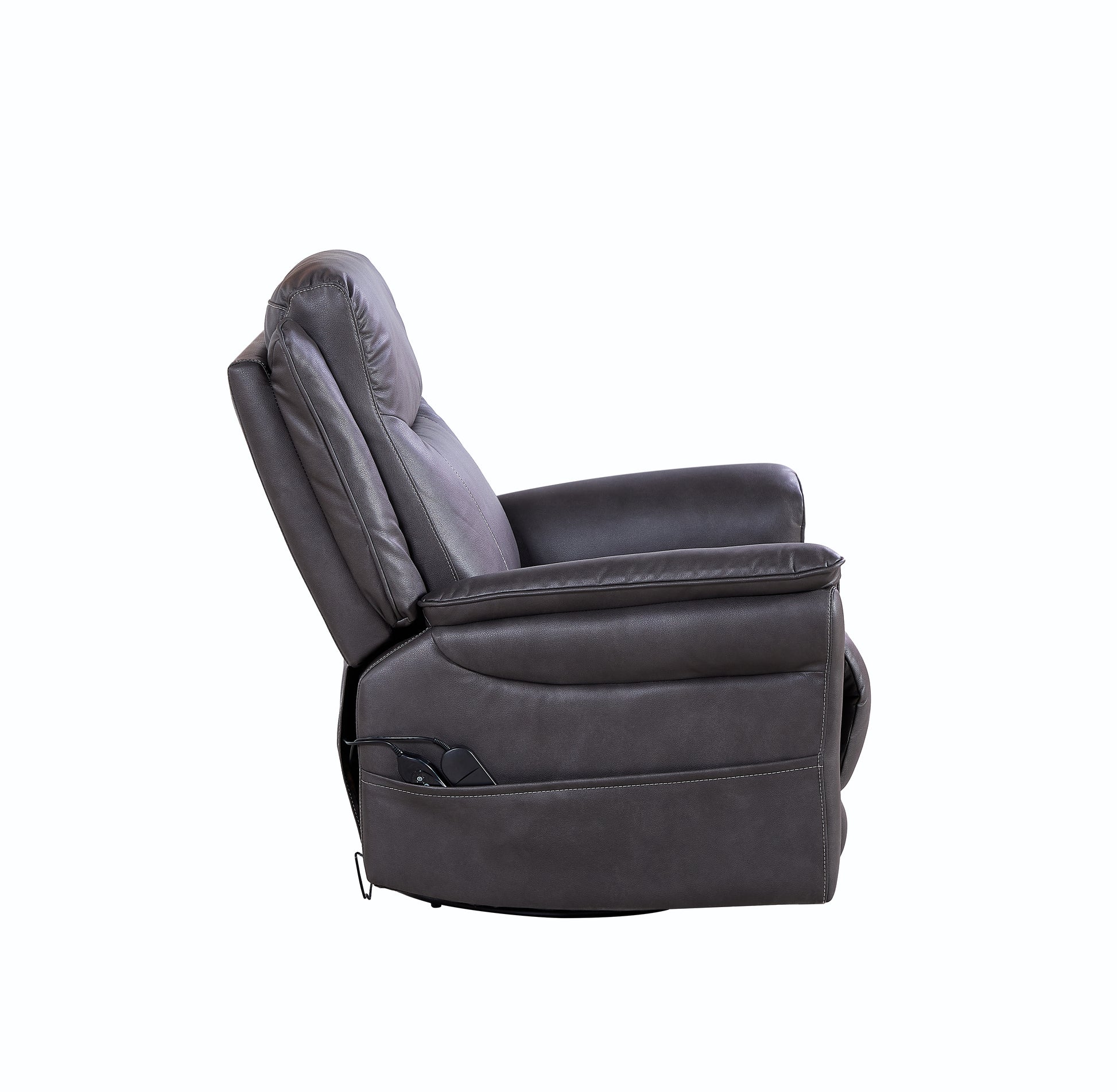 Dark gray power recliner with padded armrests and side pocket for controller