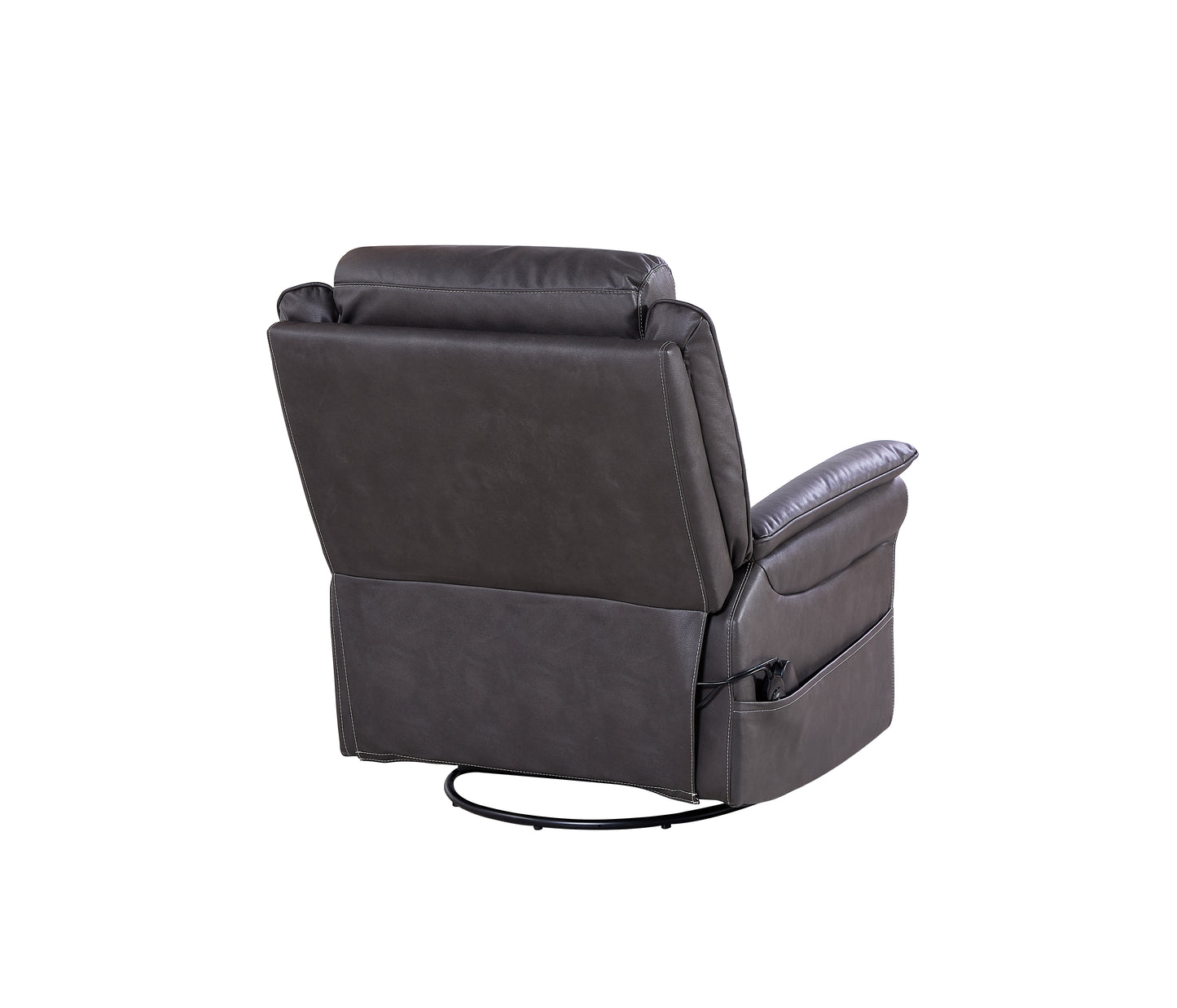Dark grey leather power recliner chair showing back view