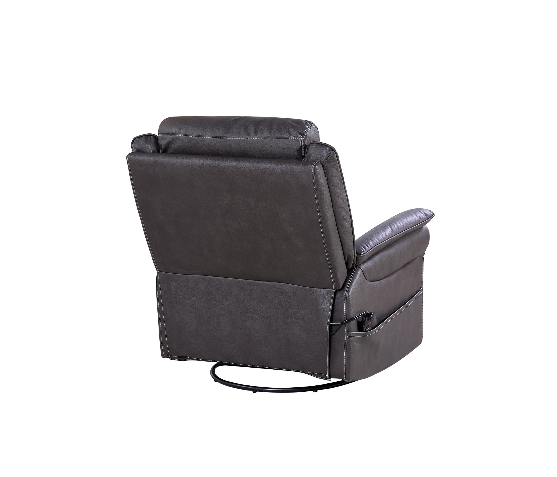 Dark grey leather power recliner chair showing back view