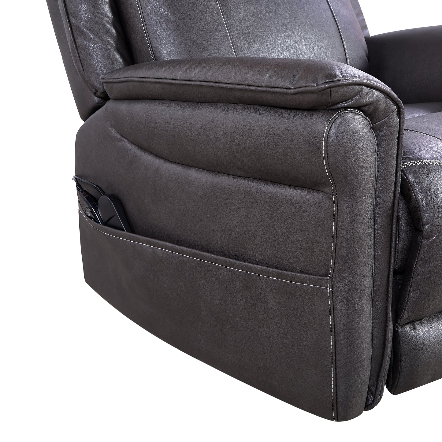 Dark gray leather recliner armrest with builtin pocket and controls