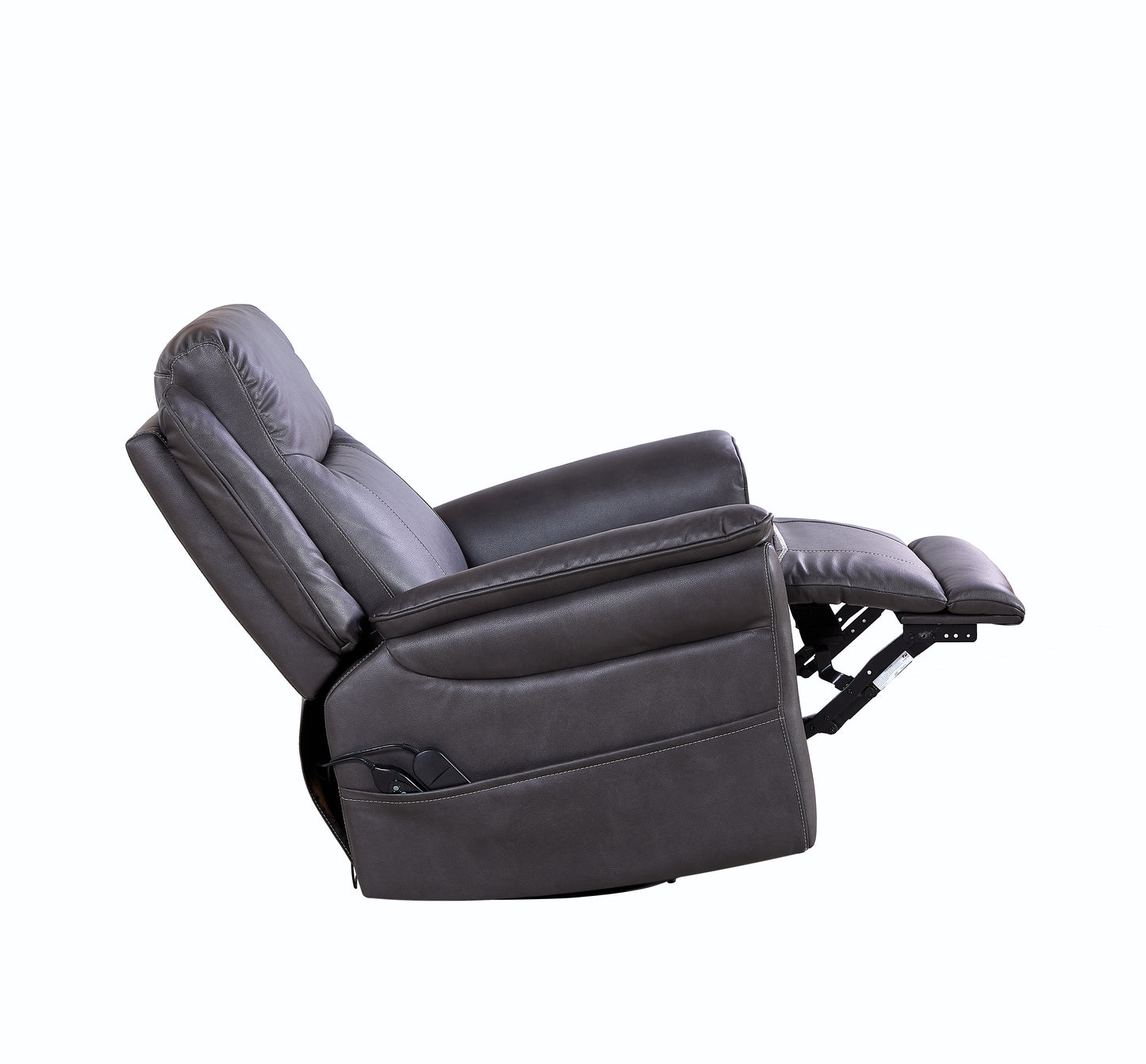 Dark grey bonded leather power recliner with extended footrest and massage controls