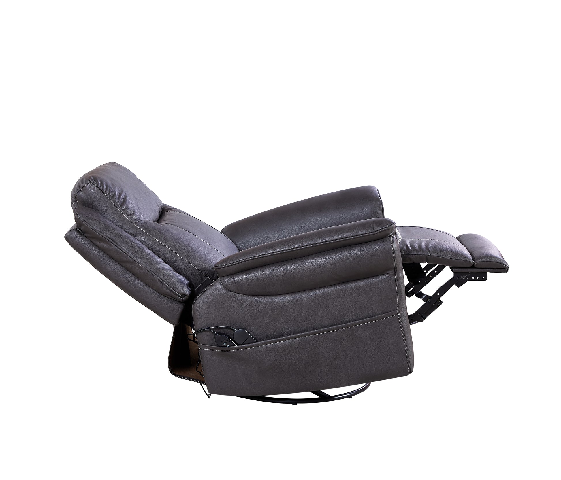 Dark grey faux leather recliner chair with motorized footrest extended