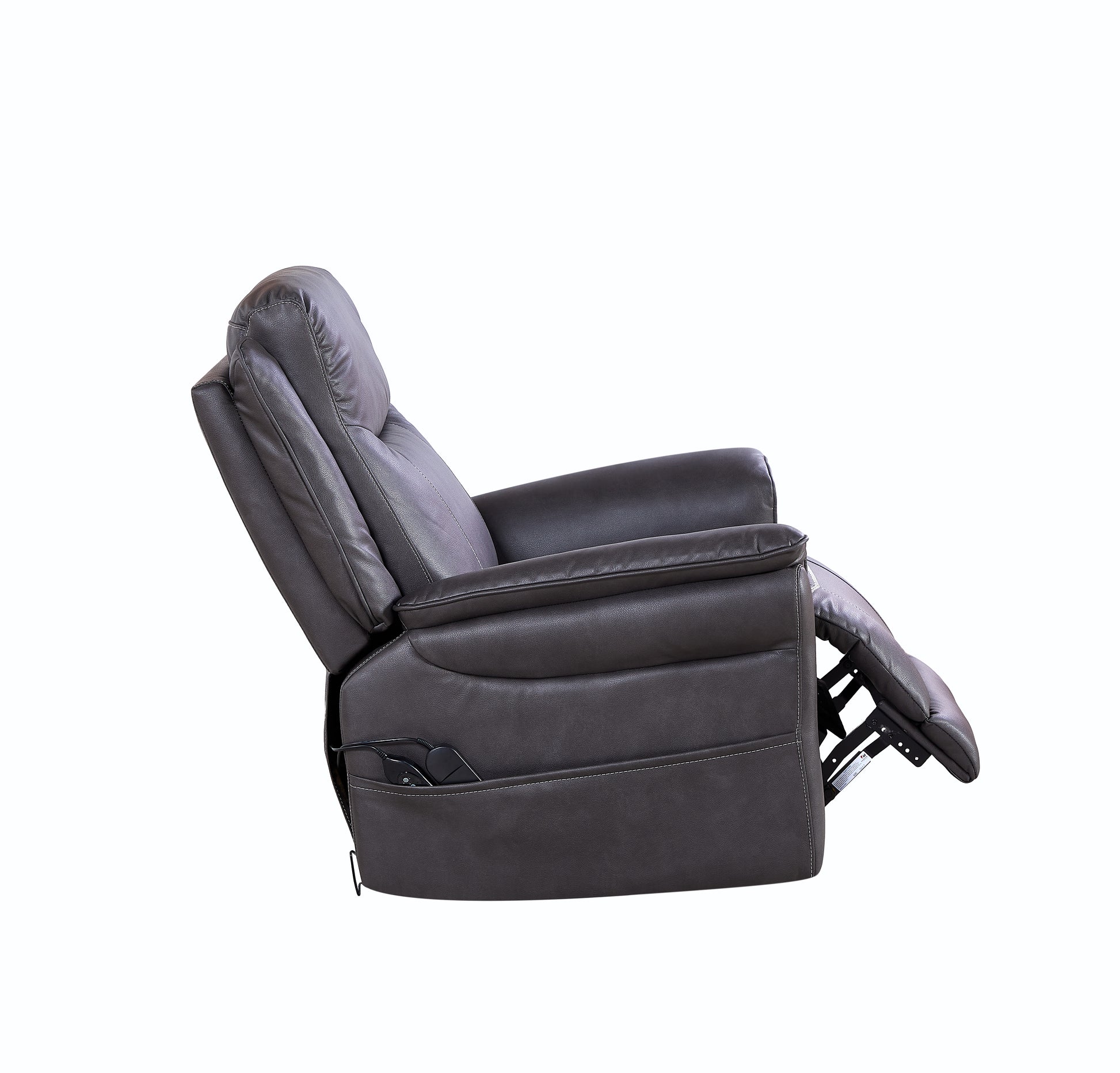 Dark gray leather power recliner chair with adjustable footrest and builtin remote