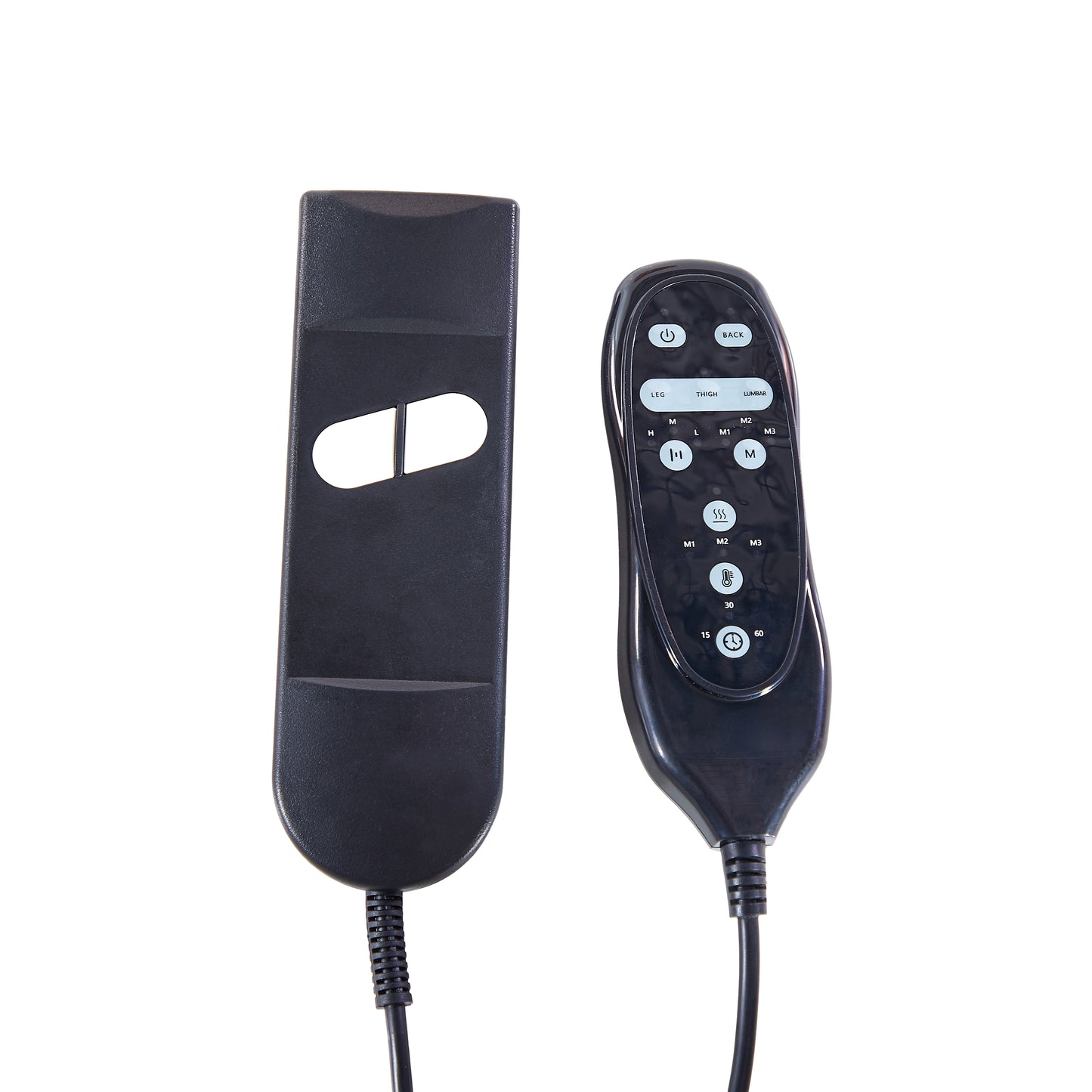 Black recliner remote control with heat and timer buttons