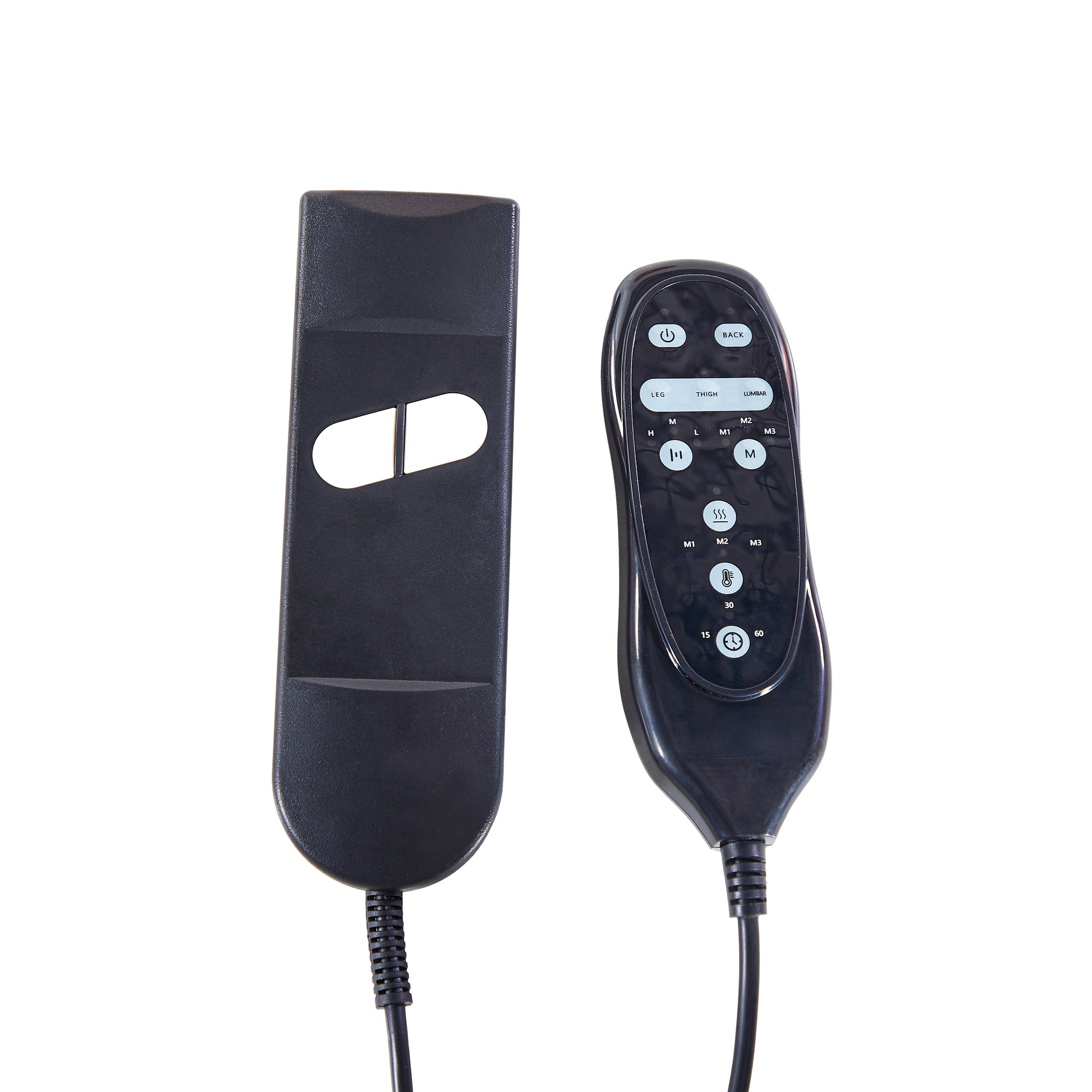 Black recliner remote control with heat and timer buttons