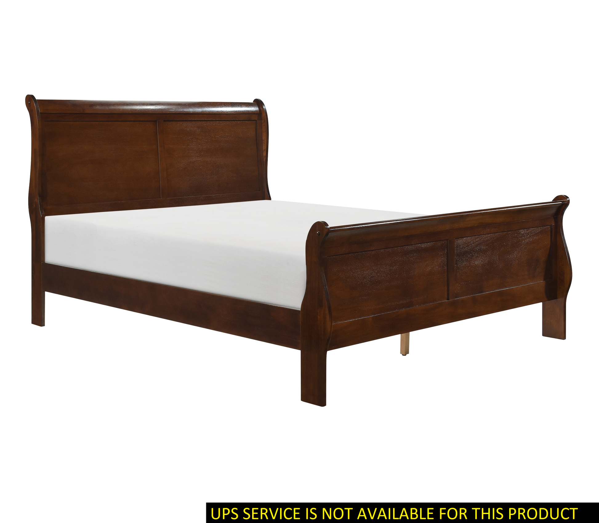 Dark brown wooden sleigh bed frame with white mattress and carved details