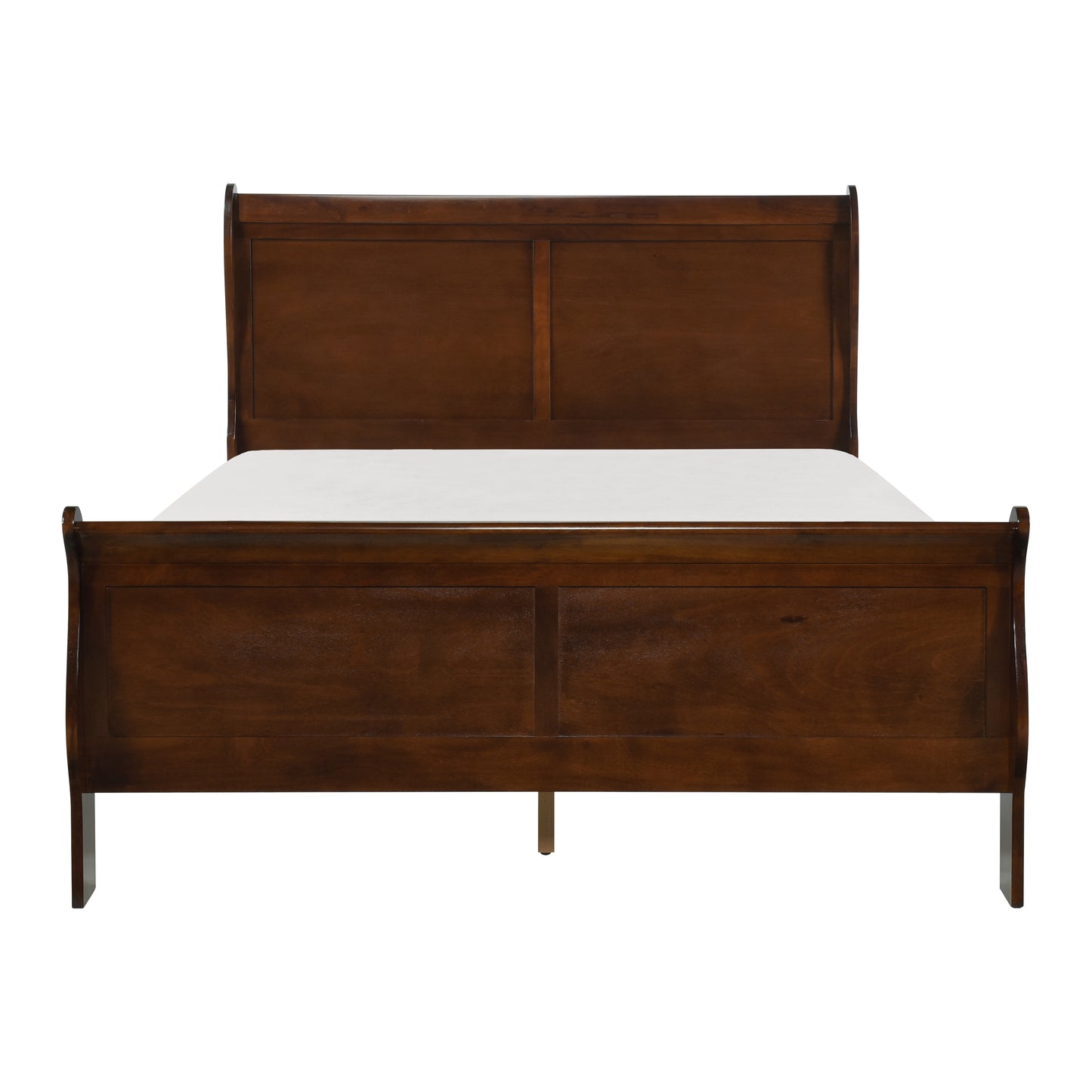 Dark brown wooden sleigh bed frame with white mattress