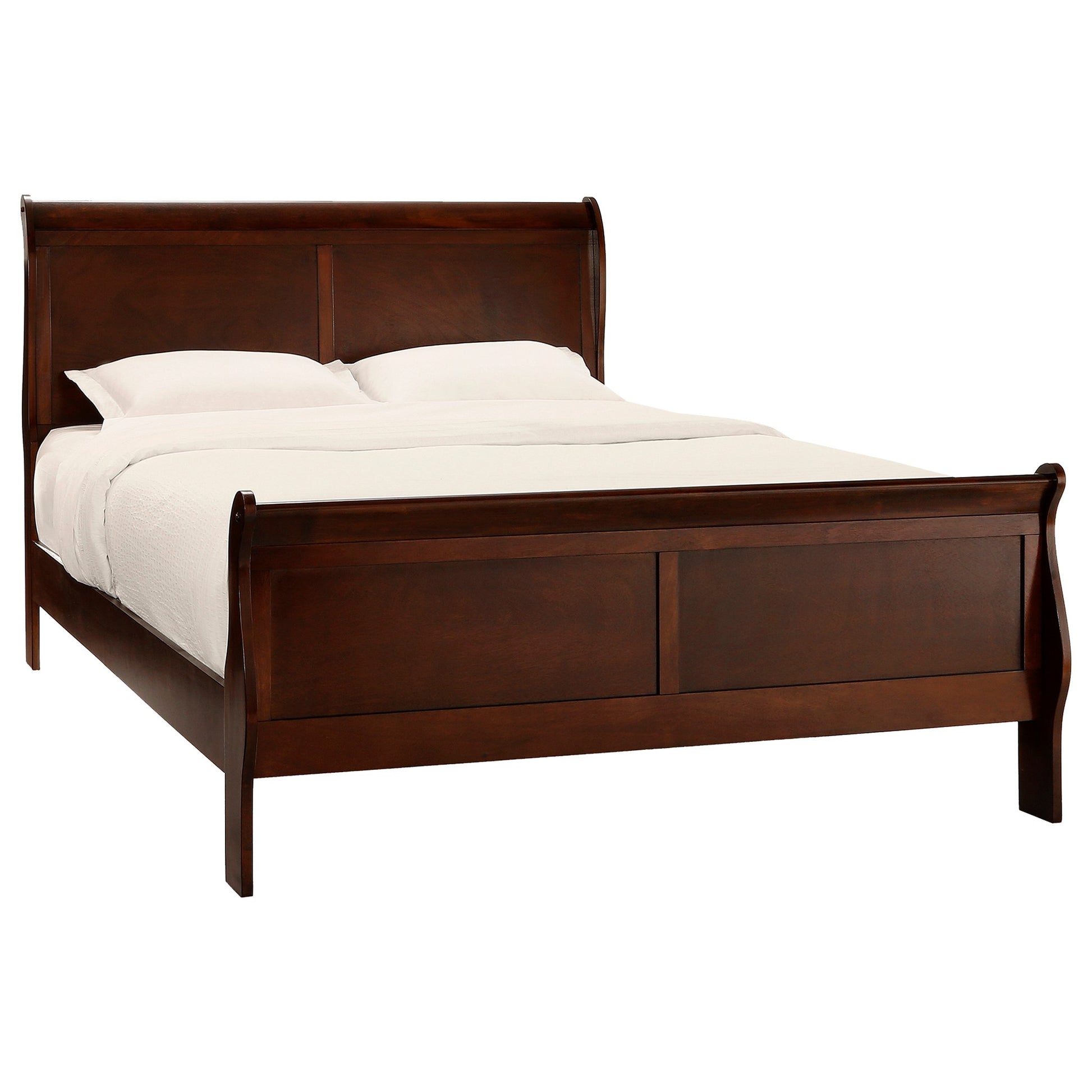 Rich cherry wood sleigh bed with paneled headboard and footboard perfect for a bedroom sanctuary