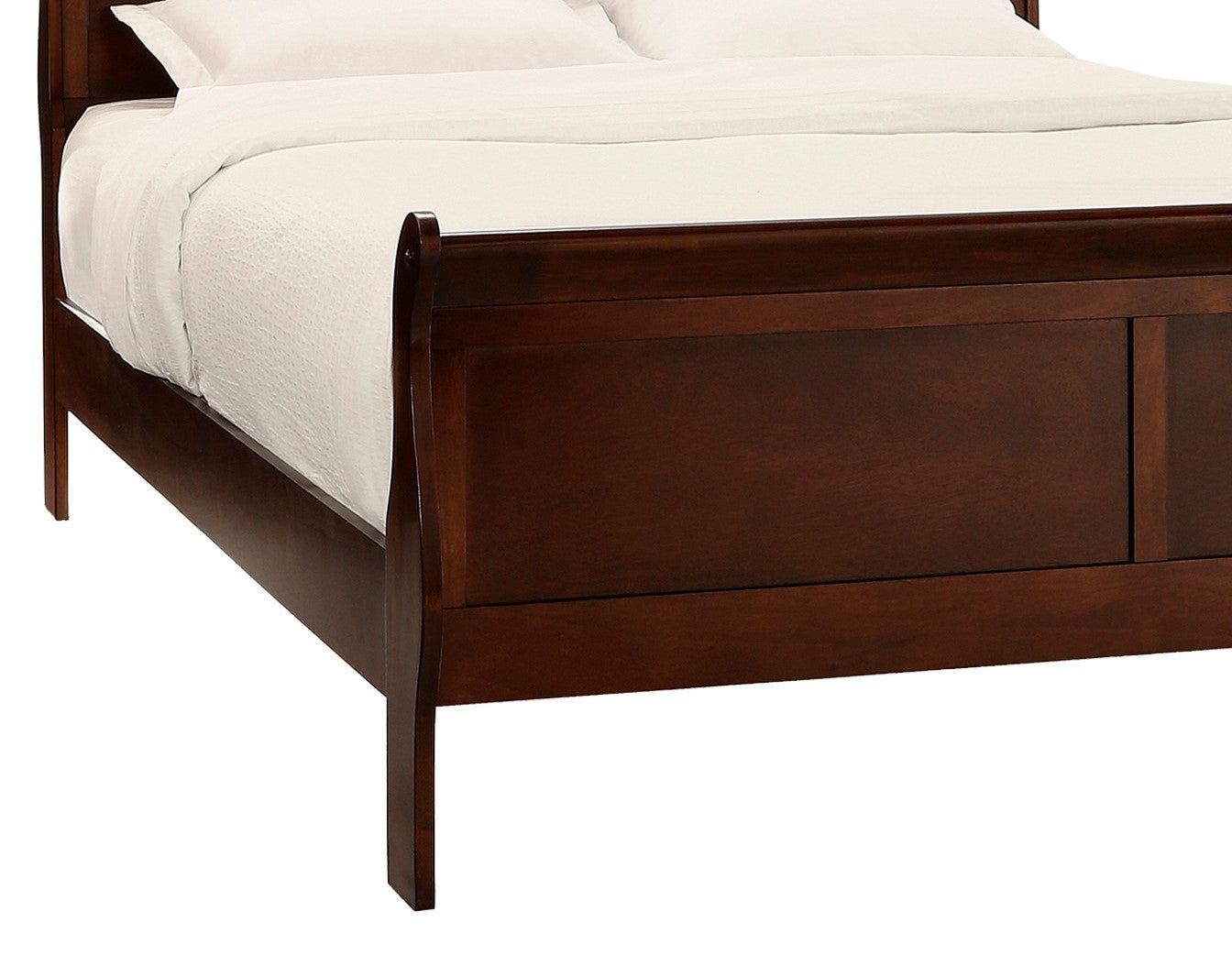 Dark brown wooden sleigh bed frame with white bedding