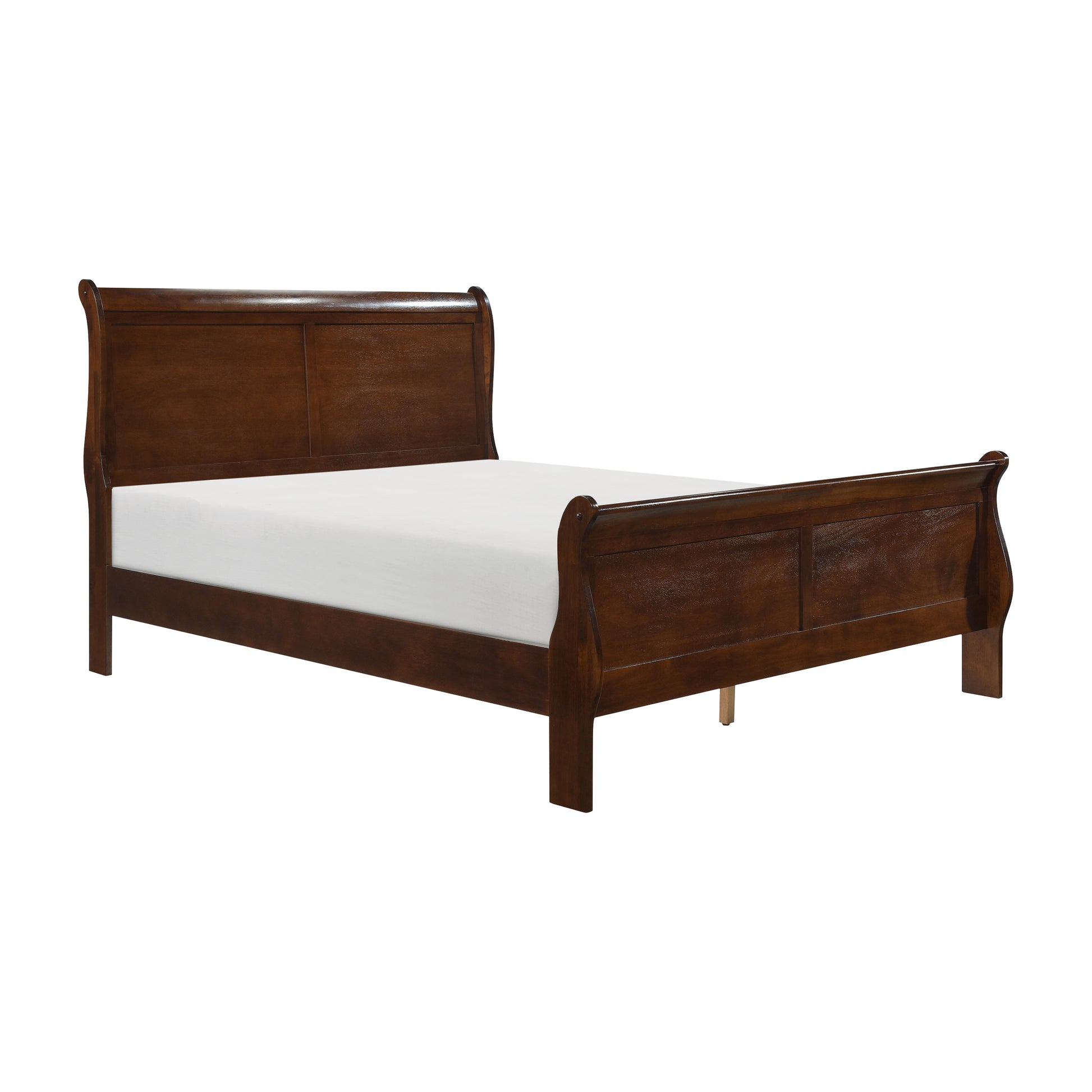 Dark brown sleigh bed frame with white mattress