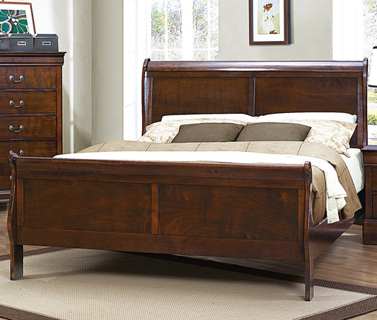 Dark wood sleigh bed with upholstered headboard and footboard