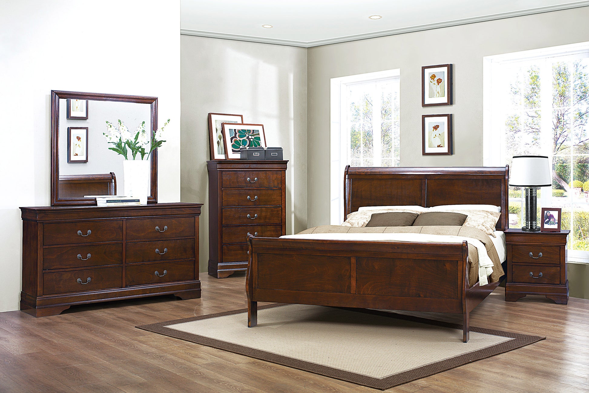 Dark wood sleigh bed with cushioned headboard and matching nightstand