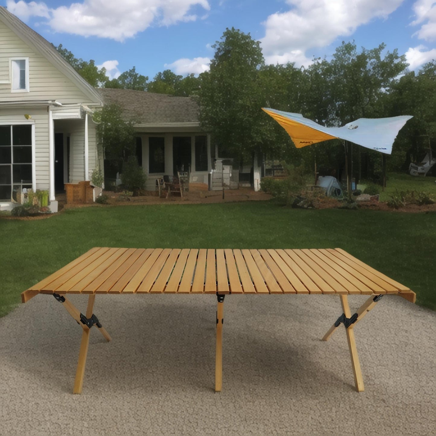 Lightweight wooden slatted outdoor folding table with black hardware