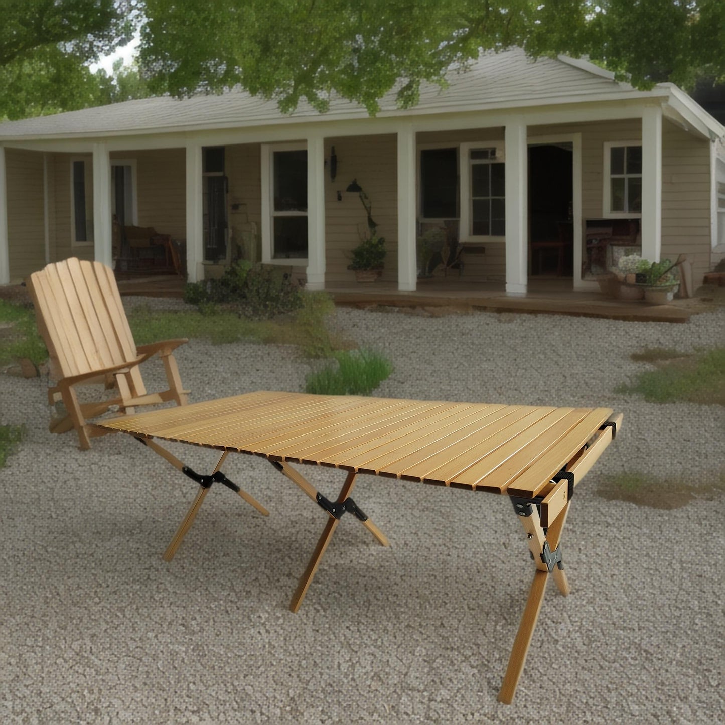 Compact wooden rolltop table with folding legs perfect for outdoor camping