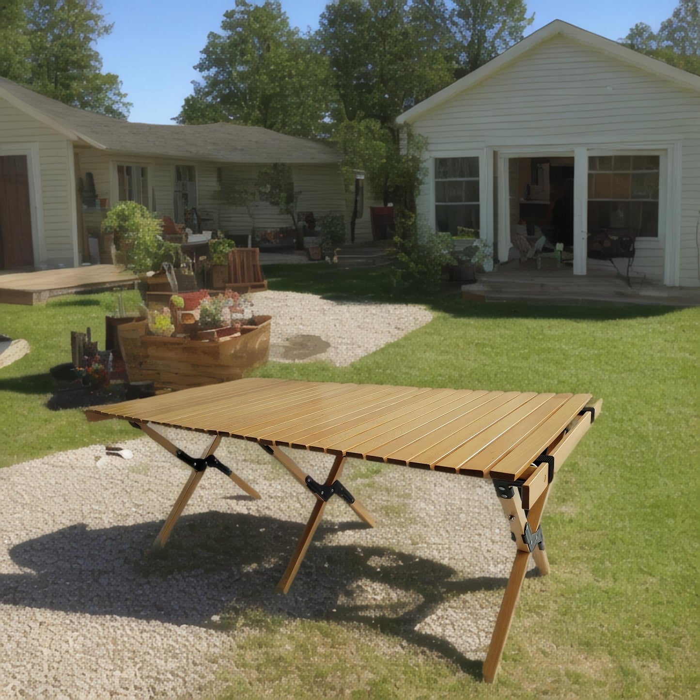 Lightweight wooden camping table with slatted surface and foldable legs