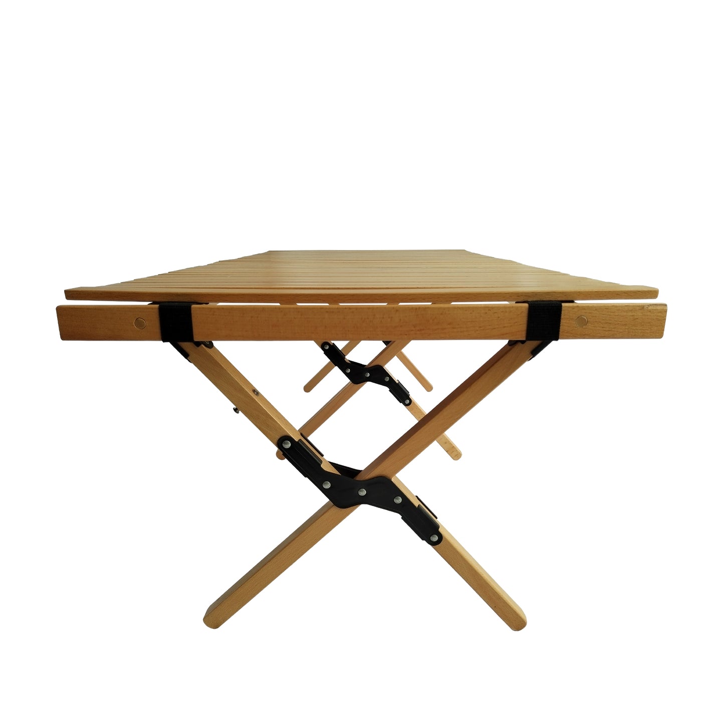 Wooden slatted portable camping table with black metal folding legs and bracing