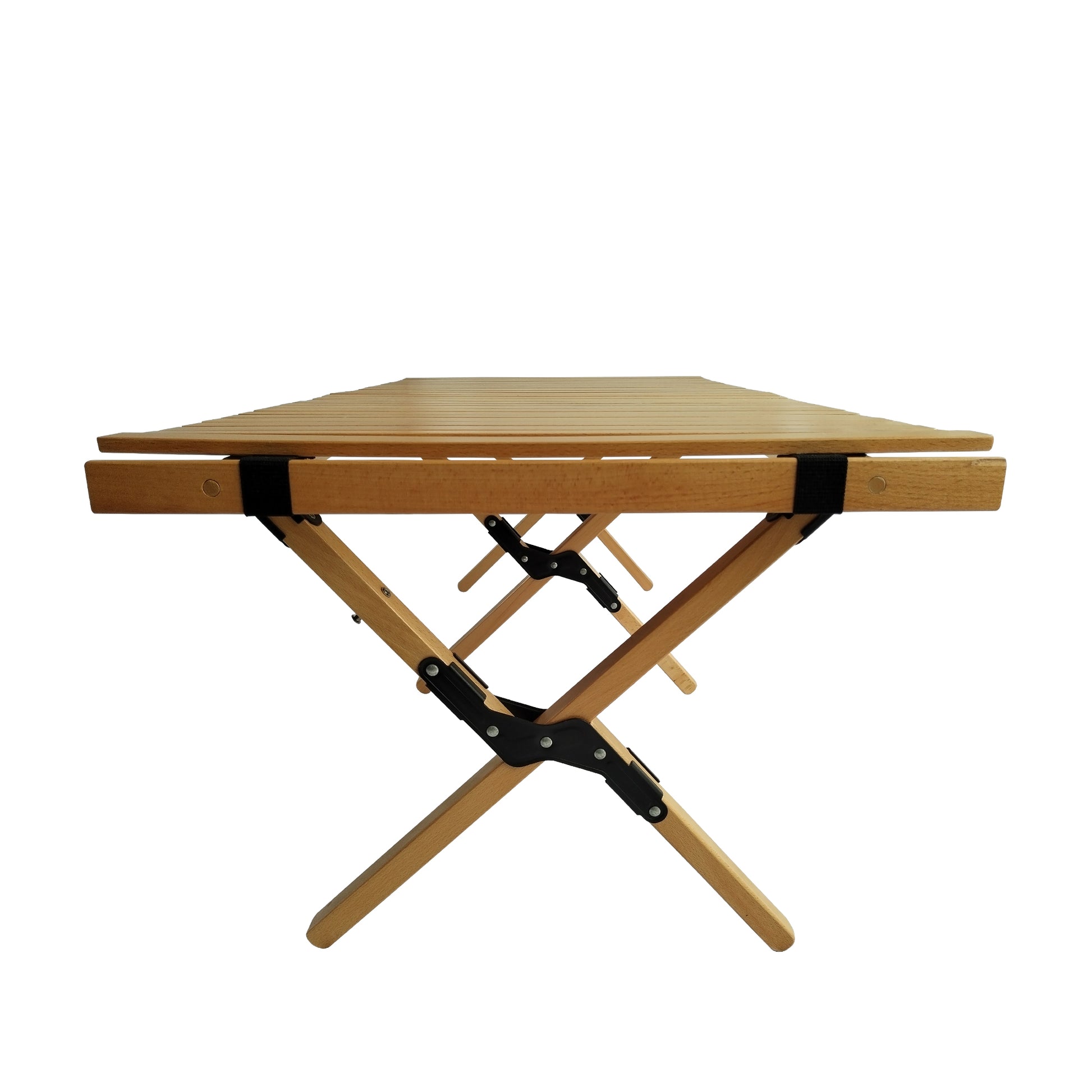 Wooden slatted portable camping table with black metal folding legs and bracing