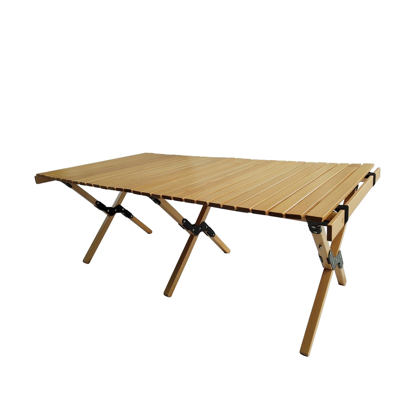 Lightweight wooden camping table with slatted top and foldable legs ideal for outdoor use