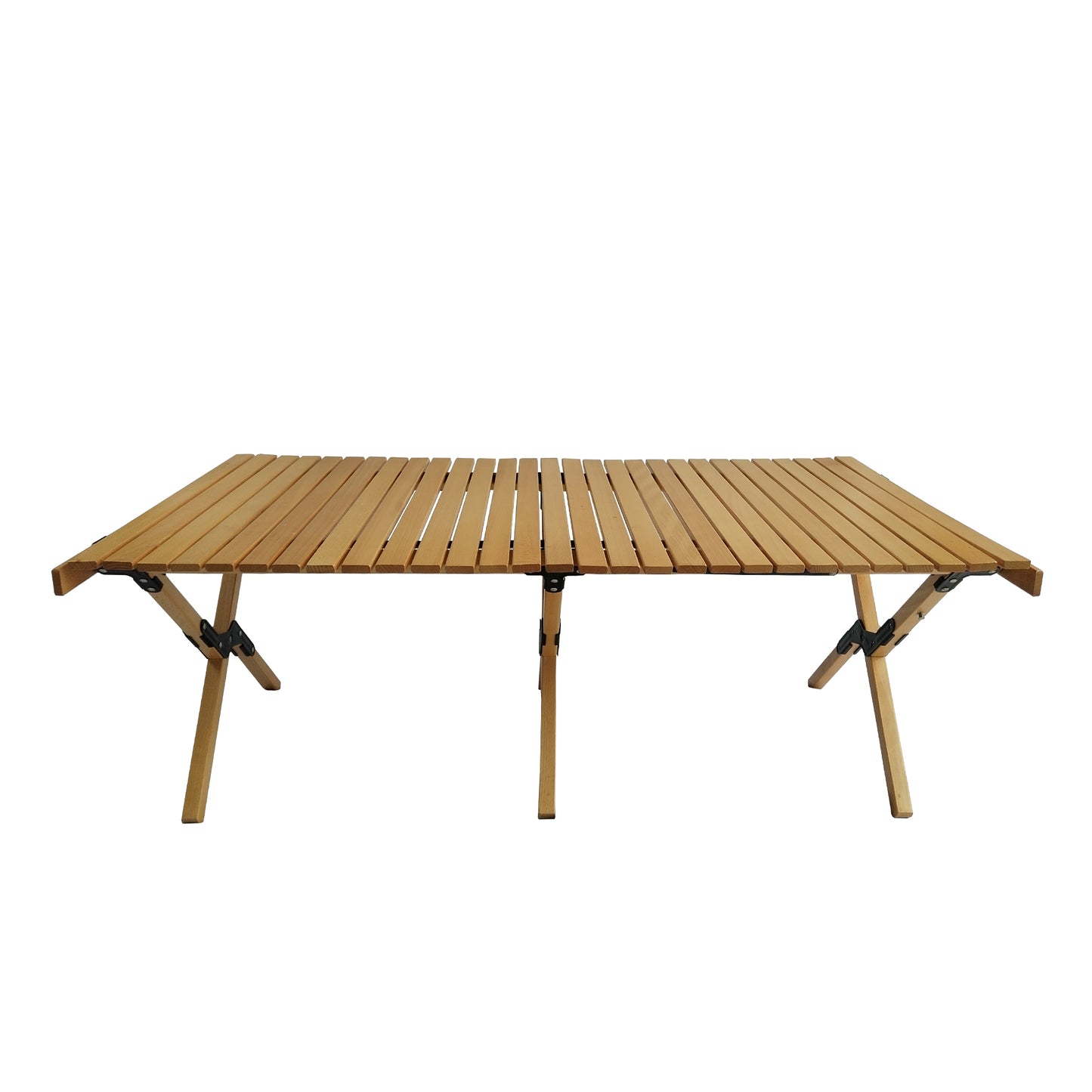 Natural wood slatted portable camping table with foldable legs for outdoor use