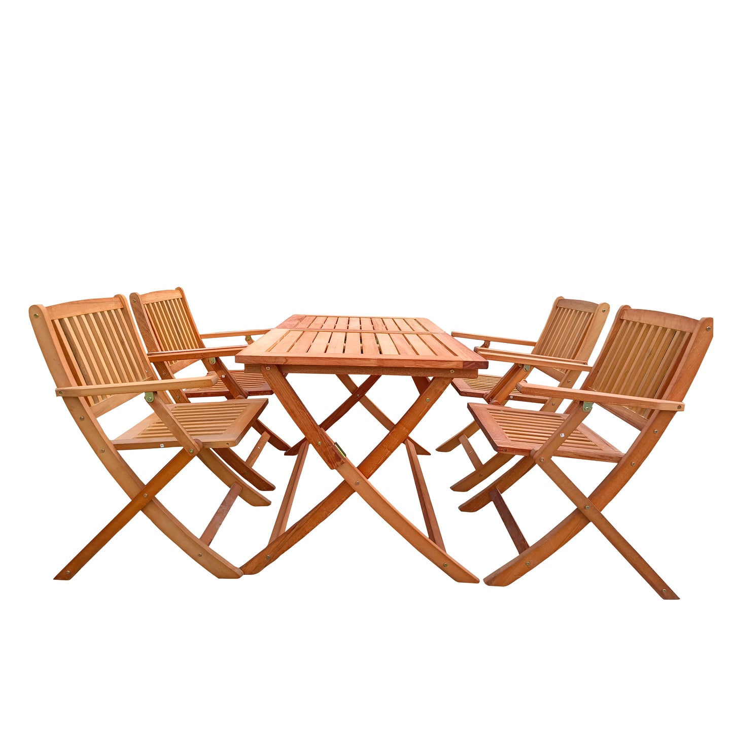 Natural wood outdoor dining set with table and four chairs
